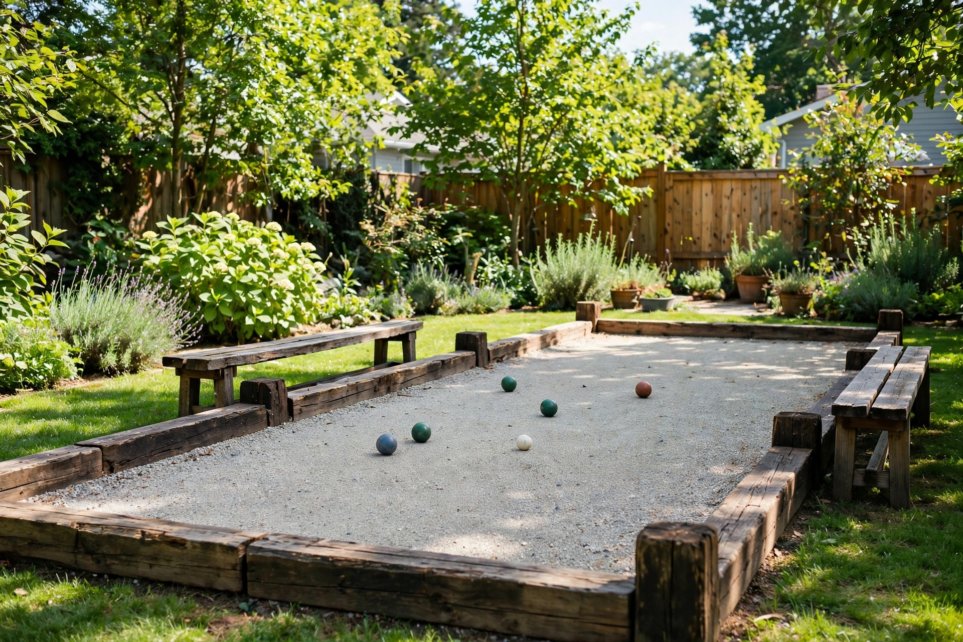 A bocce ball court with wooden timber framing and crushed stone surface in a green backyard, with balls and benches