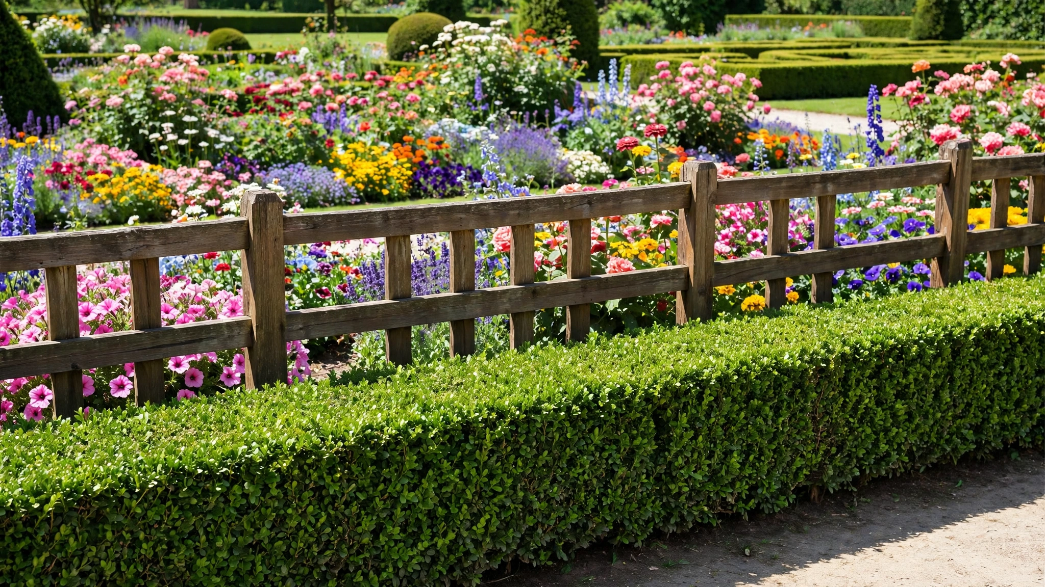 A clipped low boxwood hedge running along a wooden fence with flower beds behind it.