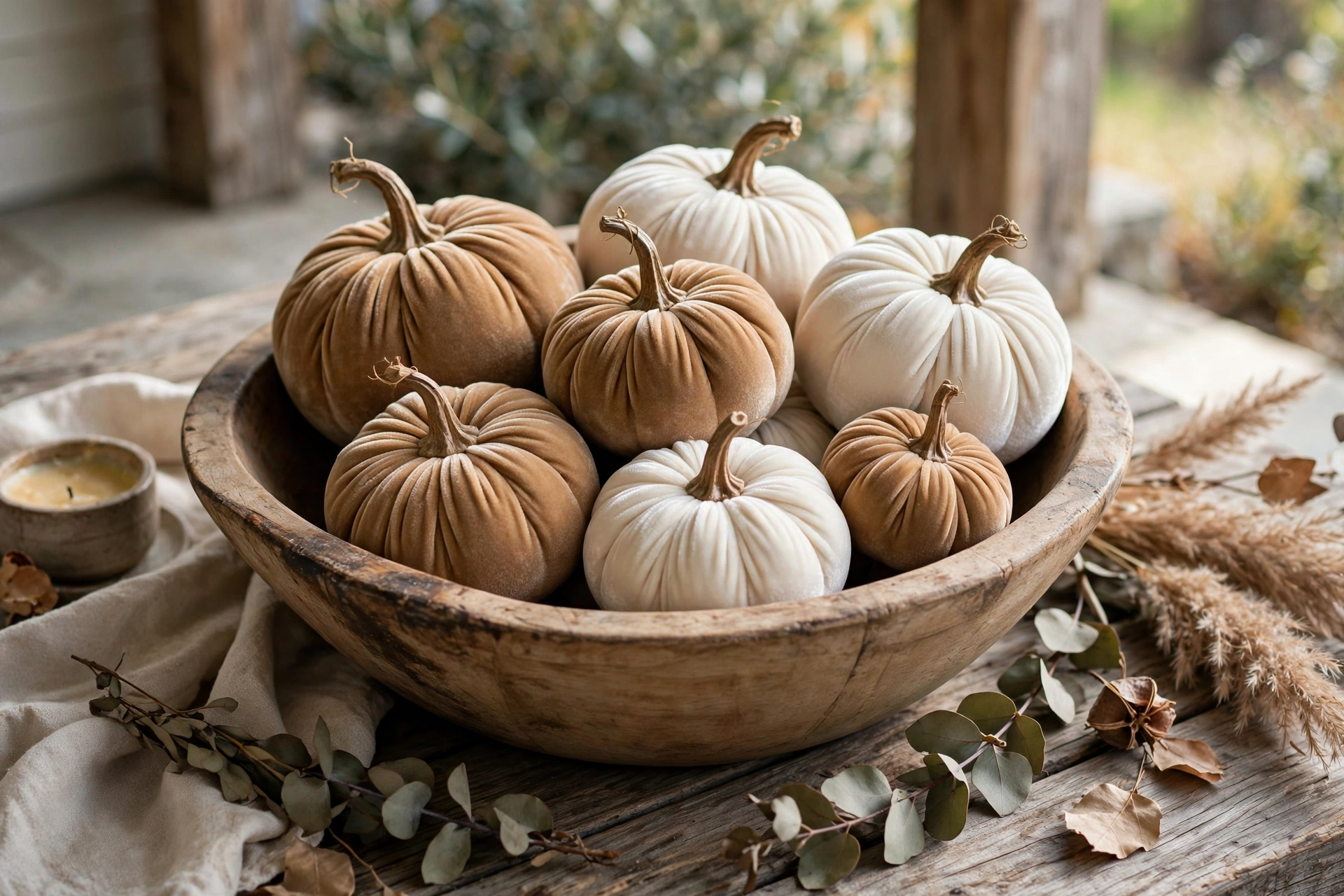 Wooden dough bowl filled with camel and cream velvet pumpkins on a porch table.