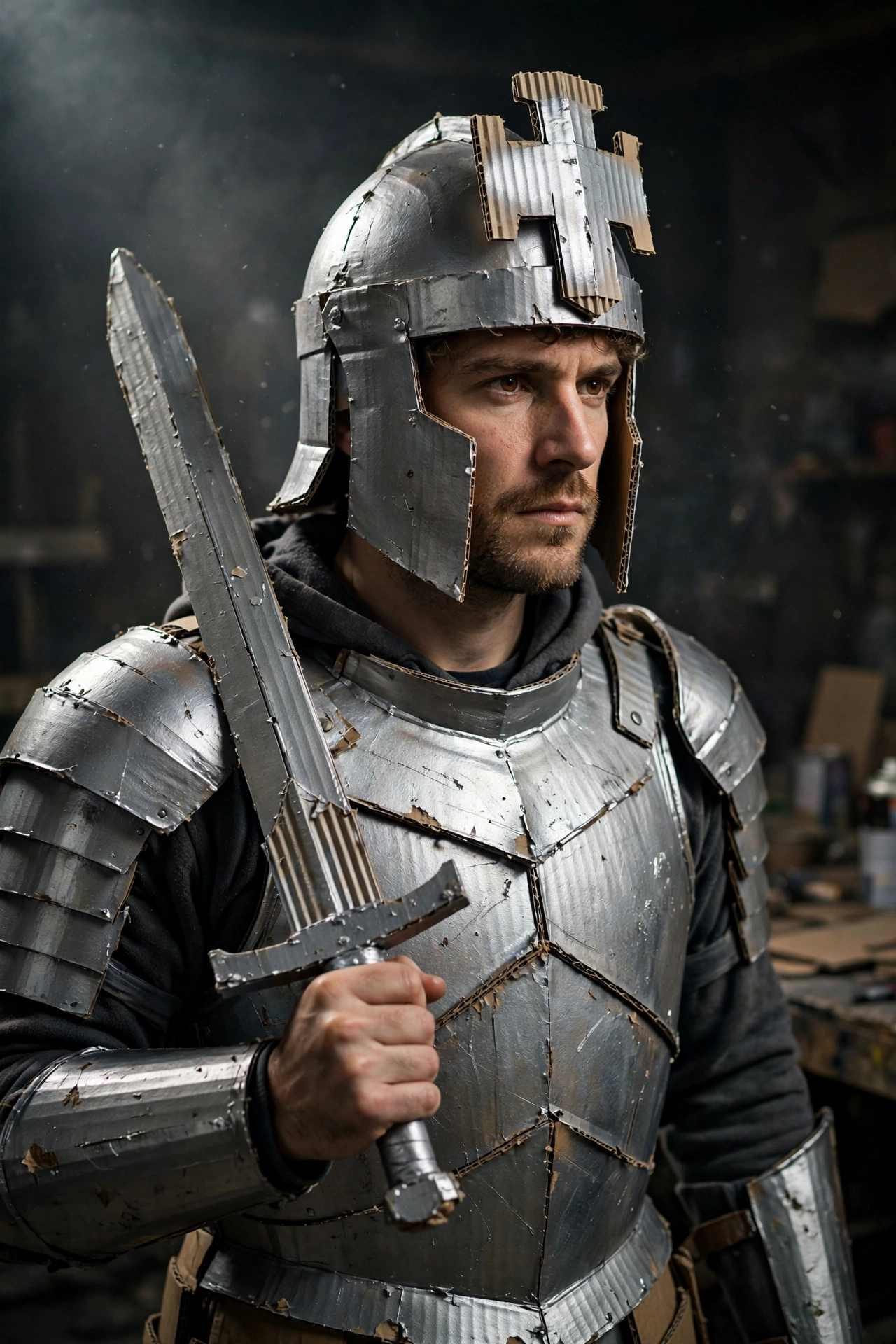 Cardboard knight costume — Halloween costume idea for guys
