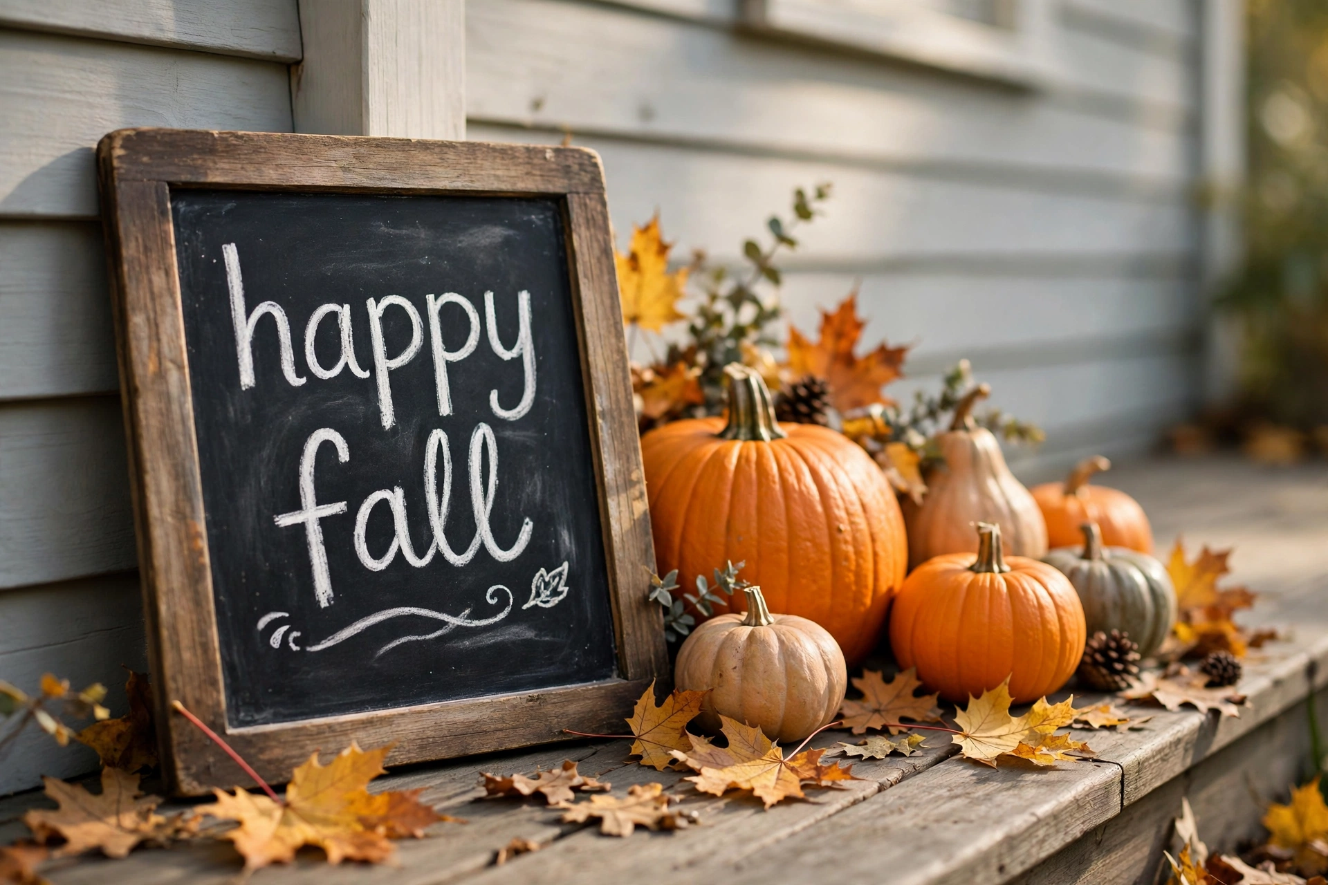 Small chalkboard sign reading happy fall beside pumpkins on a porch.