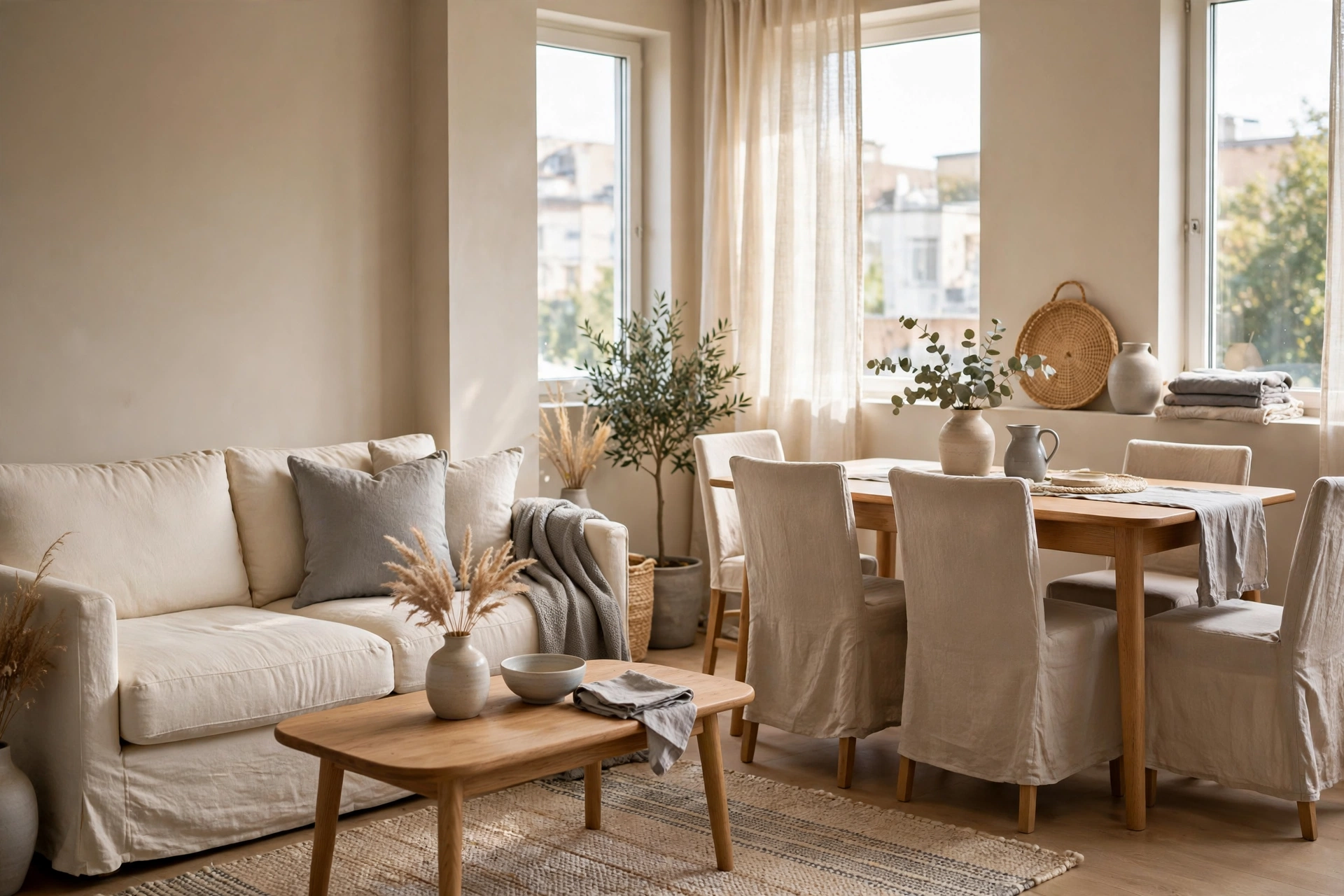 Small living dining combo room in a cohesive warm neutral palette.