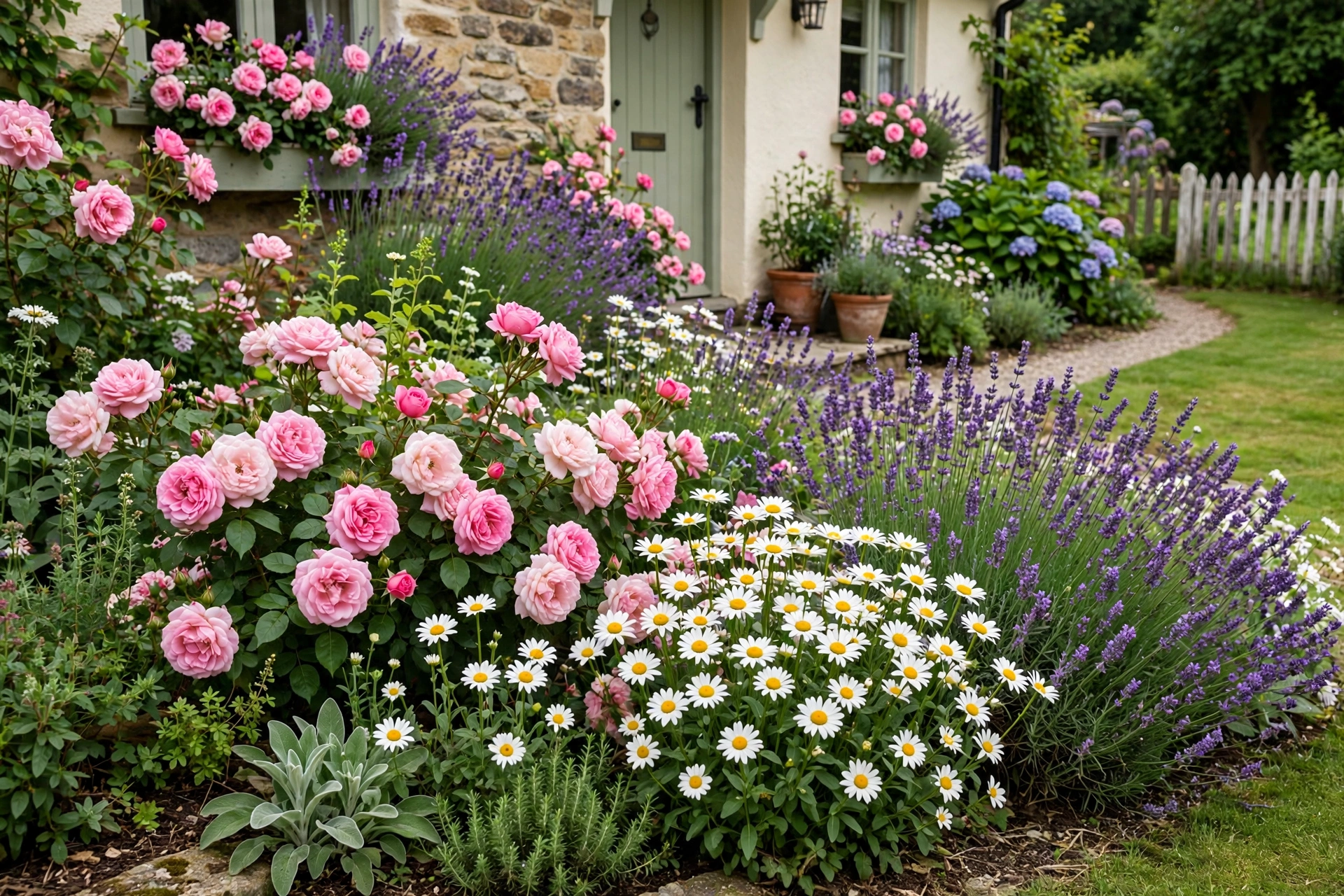Overflowing cottage garden border with roses, daisies, and lavender in a front yard.