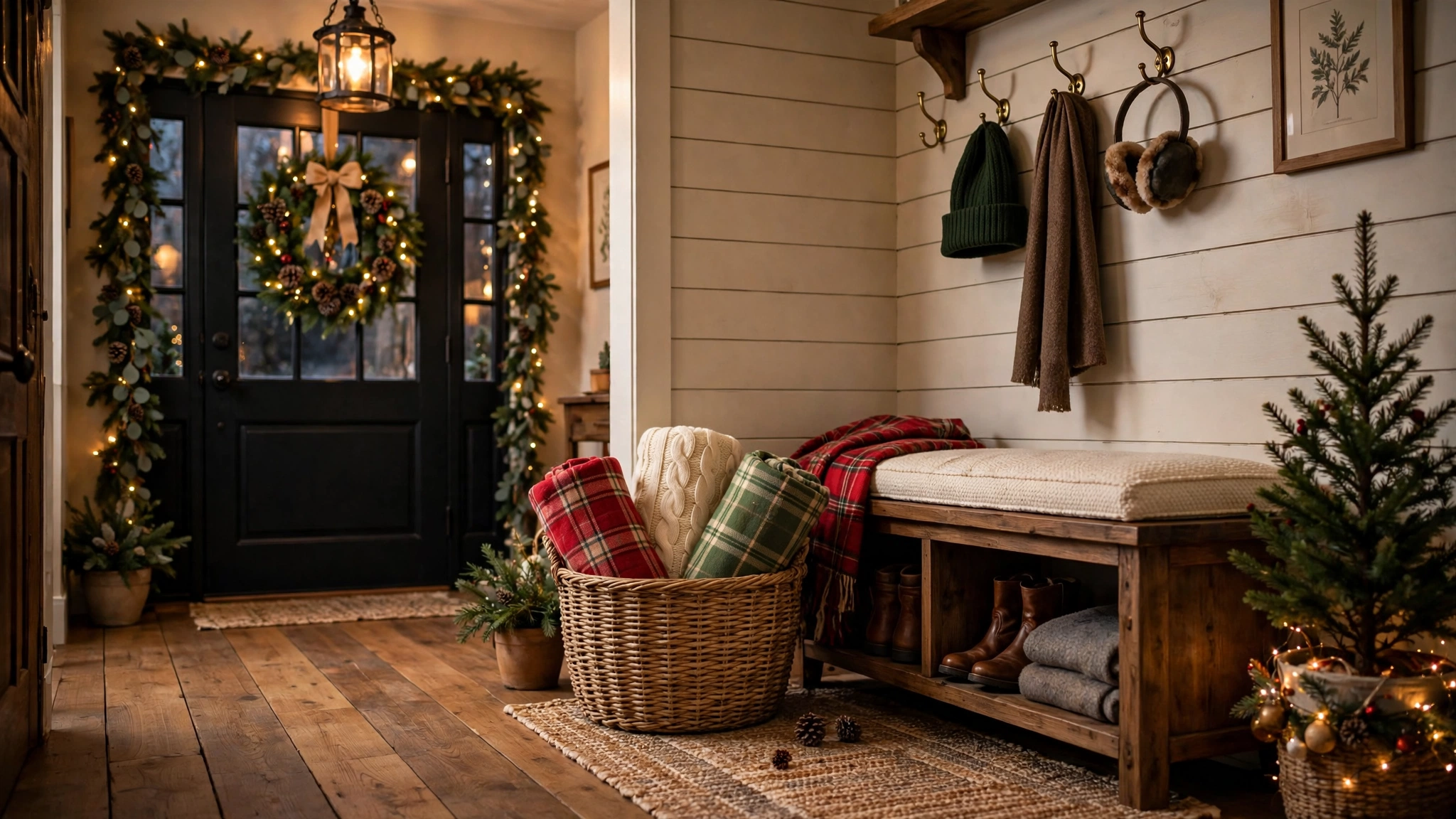 Woven basket of cozy throws beside an entryway bench