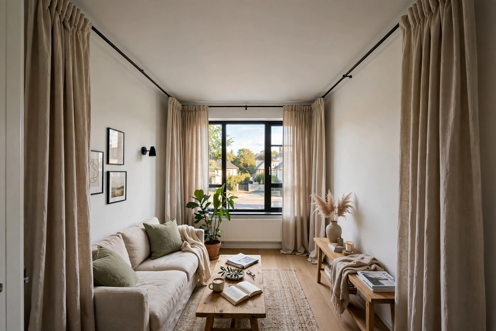 Curtains hung high and wide — narrow living room idea