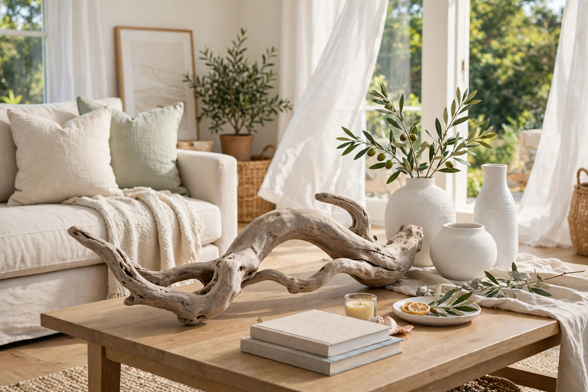 Smooth piece of driftwood displayed as natural sculpture on a coffee table beside white ceramics in a bright living room.