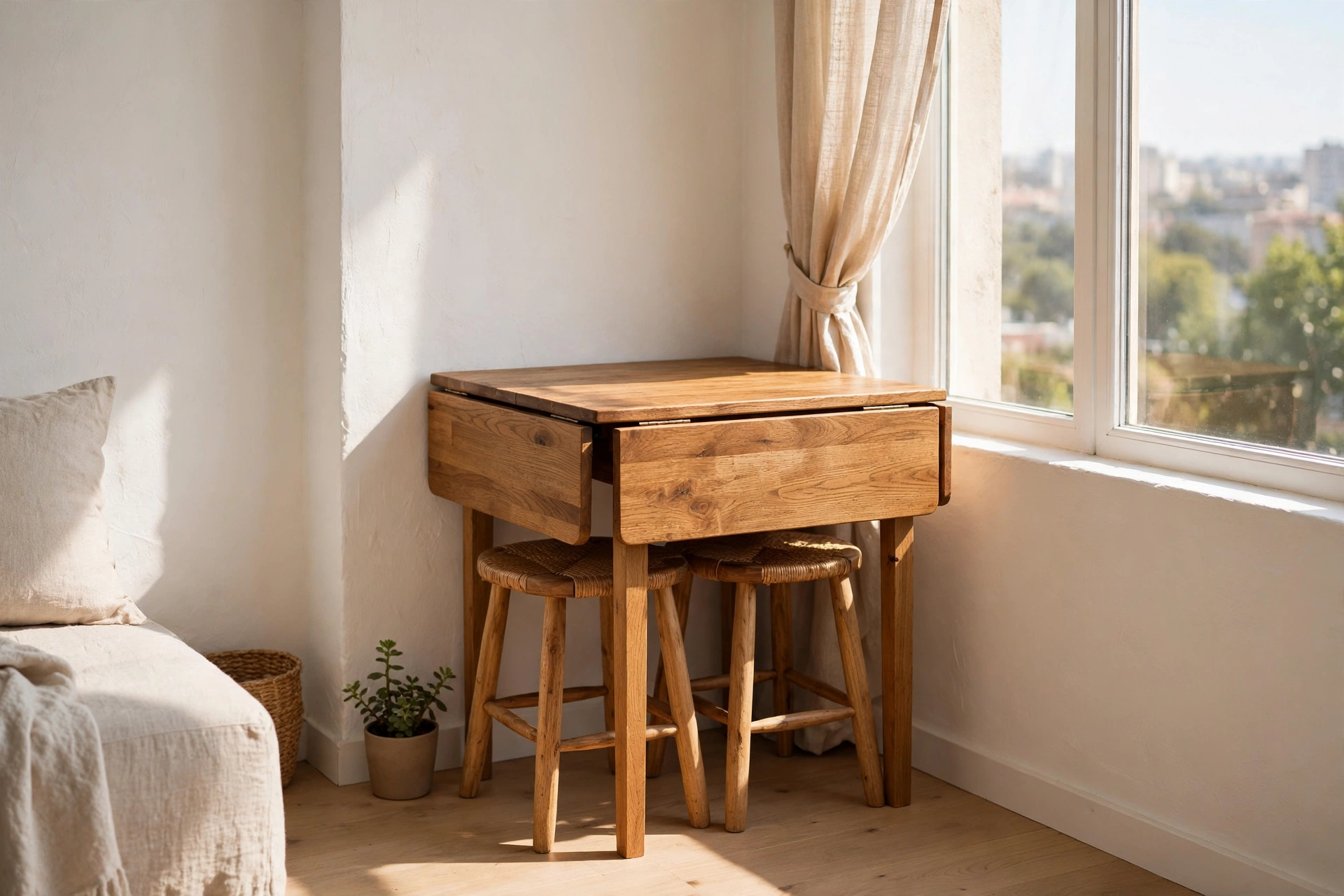 A small drop-leaf dining table with two stools tucked in a sunny studio apartment corner