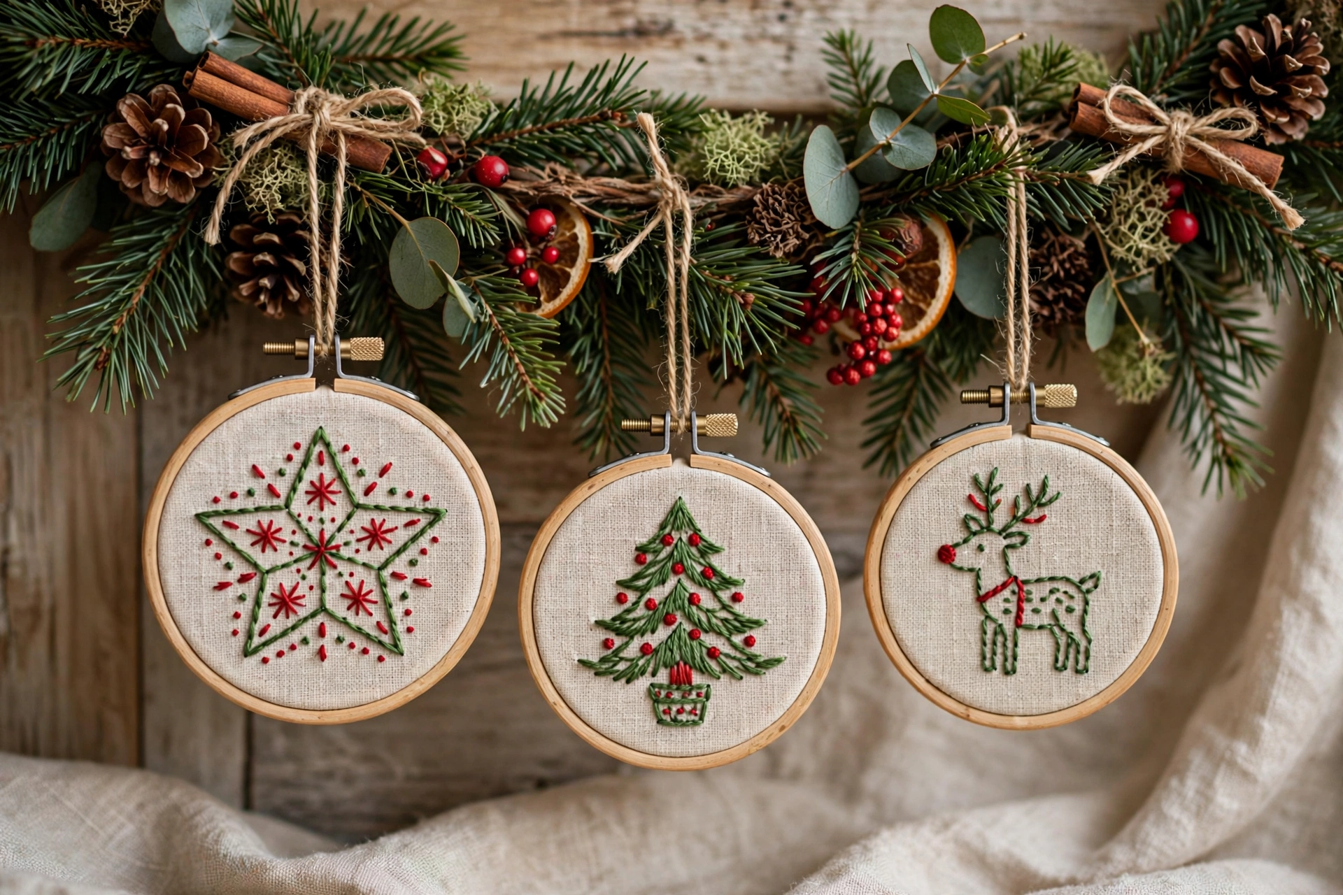 Small embroidery hoop ornaments with stitched Christmas designs hanging on a garland.