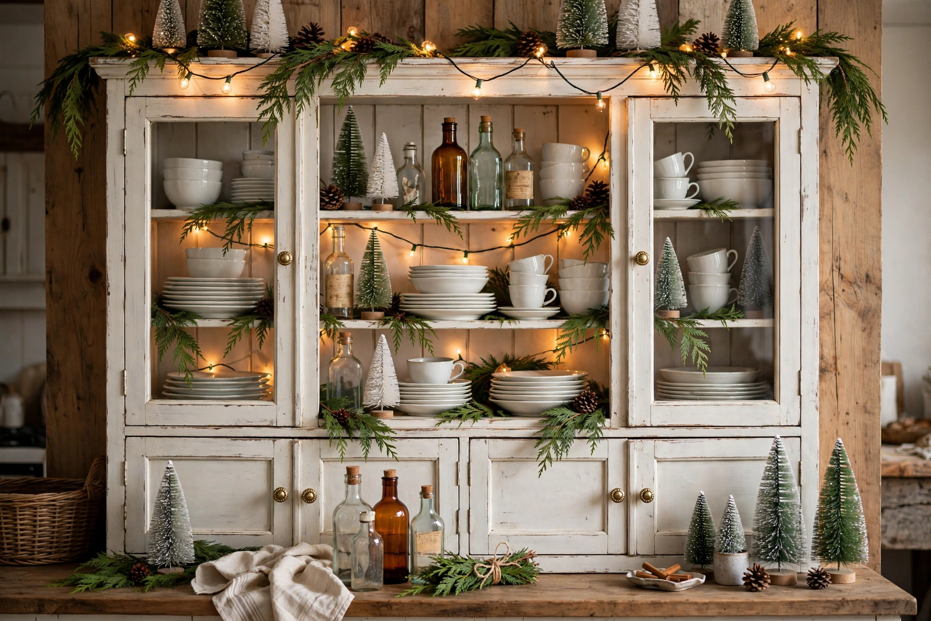 Farmhouse kitchen hutch styled with white dishes, vintage bottles, cedar sprigs and bottle brush trees.
