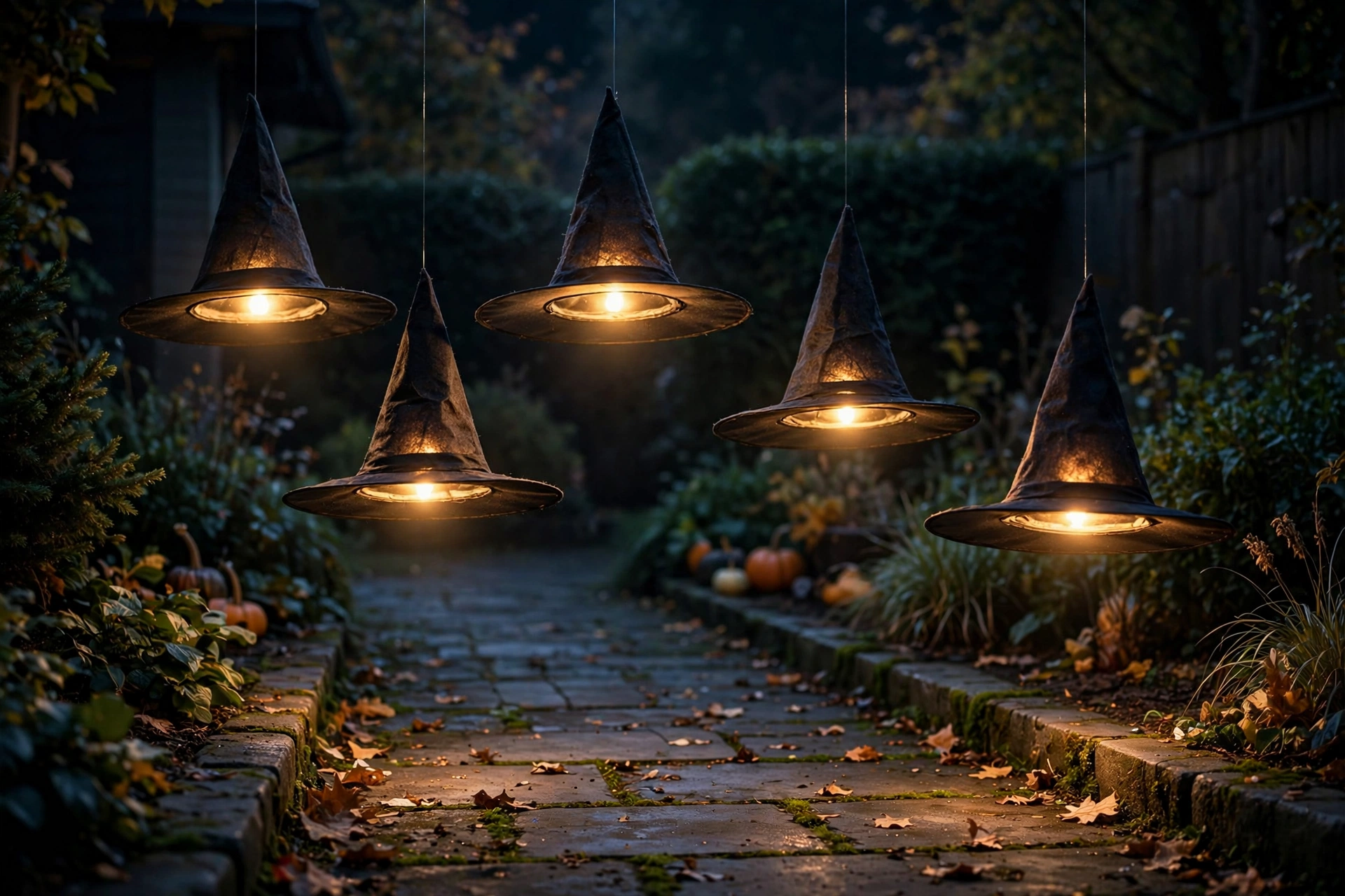Witch hats hanging on fishing line appearing to float, glowing from within at night.