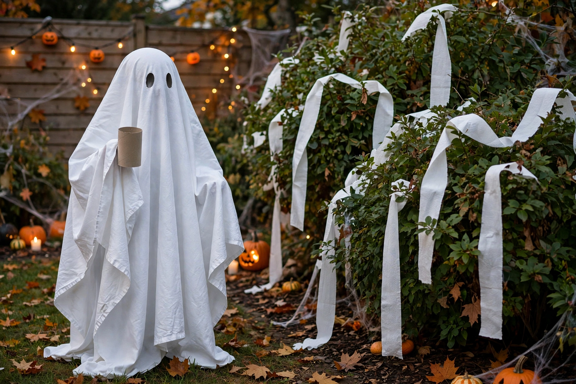 Sheet ghost holding an empty toilet paper roll next to bushes draped in toilet paper streamers.