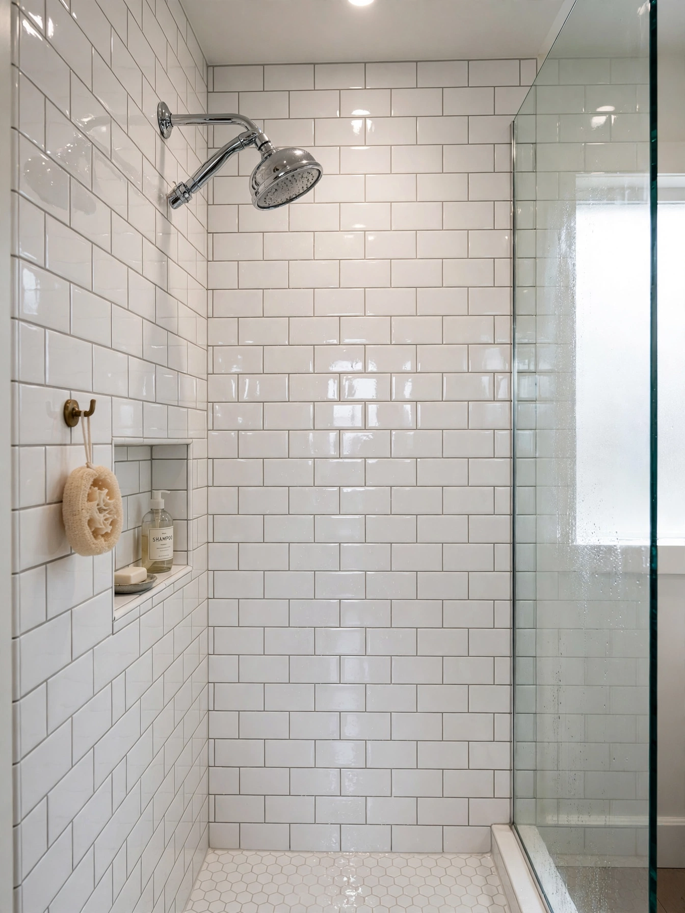 Glossy subway tile — small bathroom idea