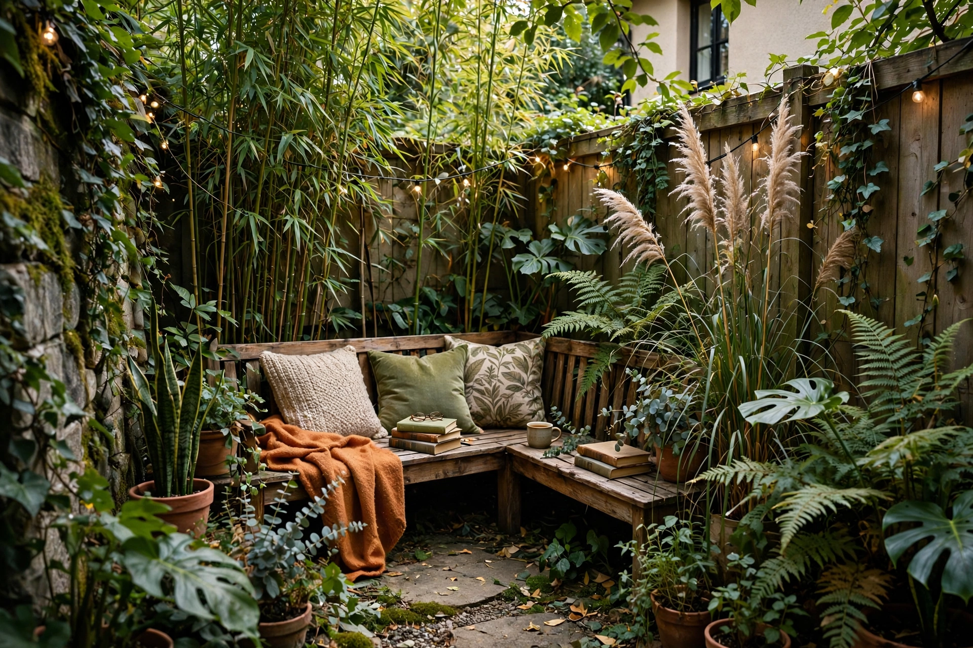 Cozy hidden reading nook with a wooden bench, cushions and tall surrounding plants in a side yard corner.