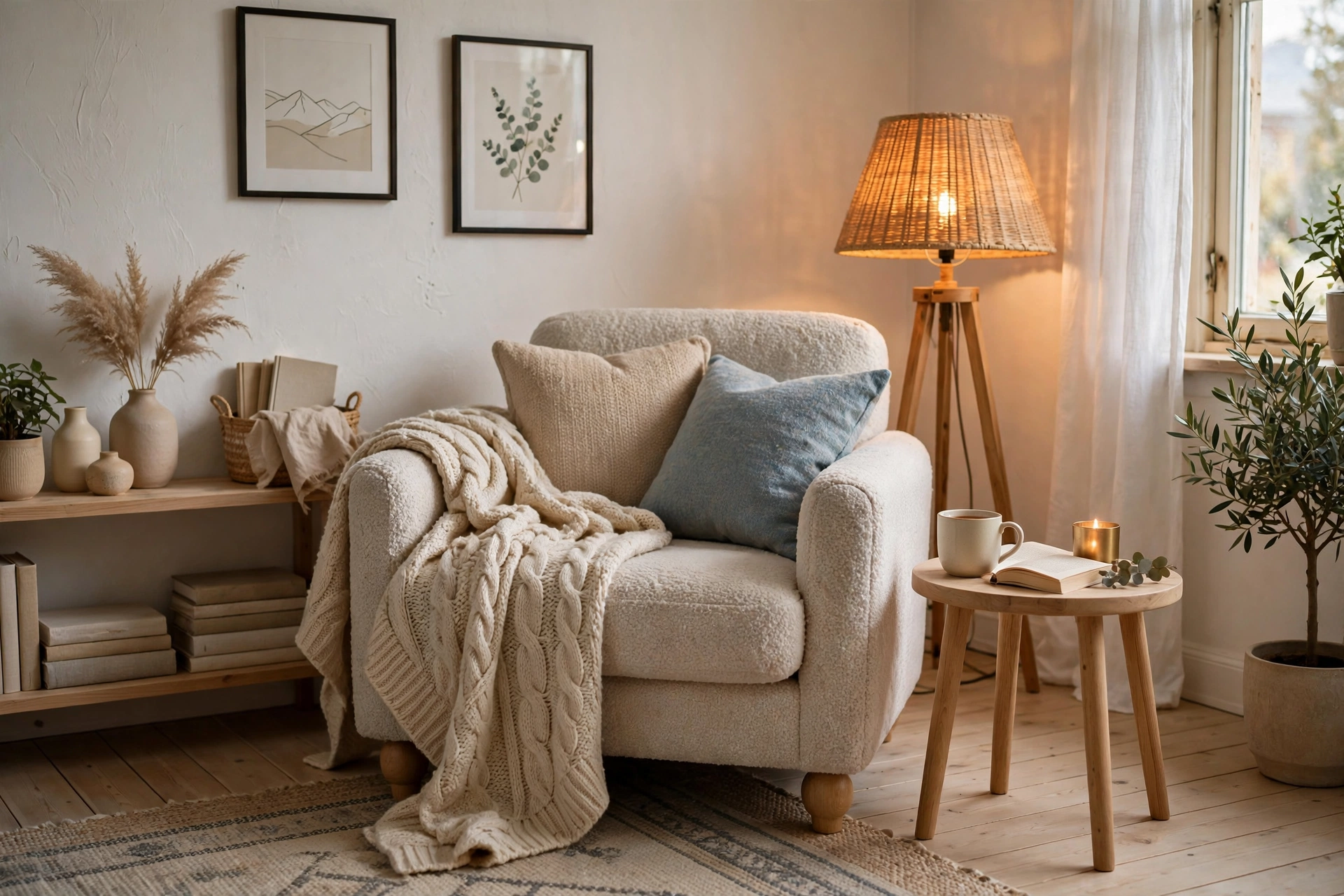 Cozy reading nook with armchair, knit throw and warm floor lamp in a Nordic living room.