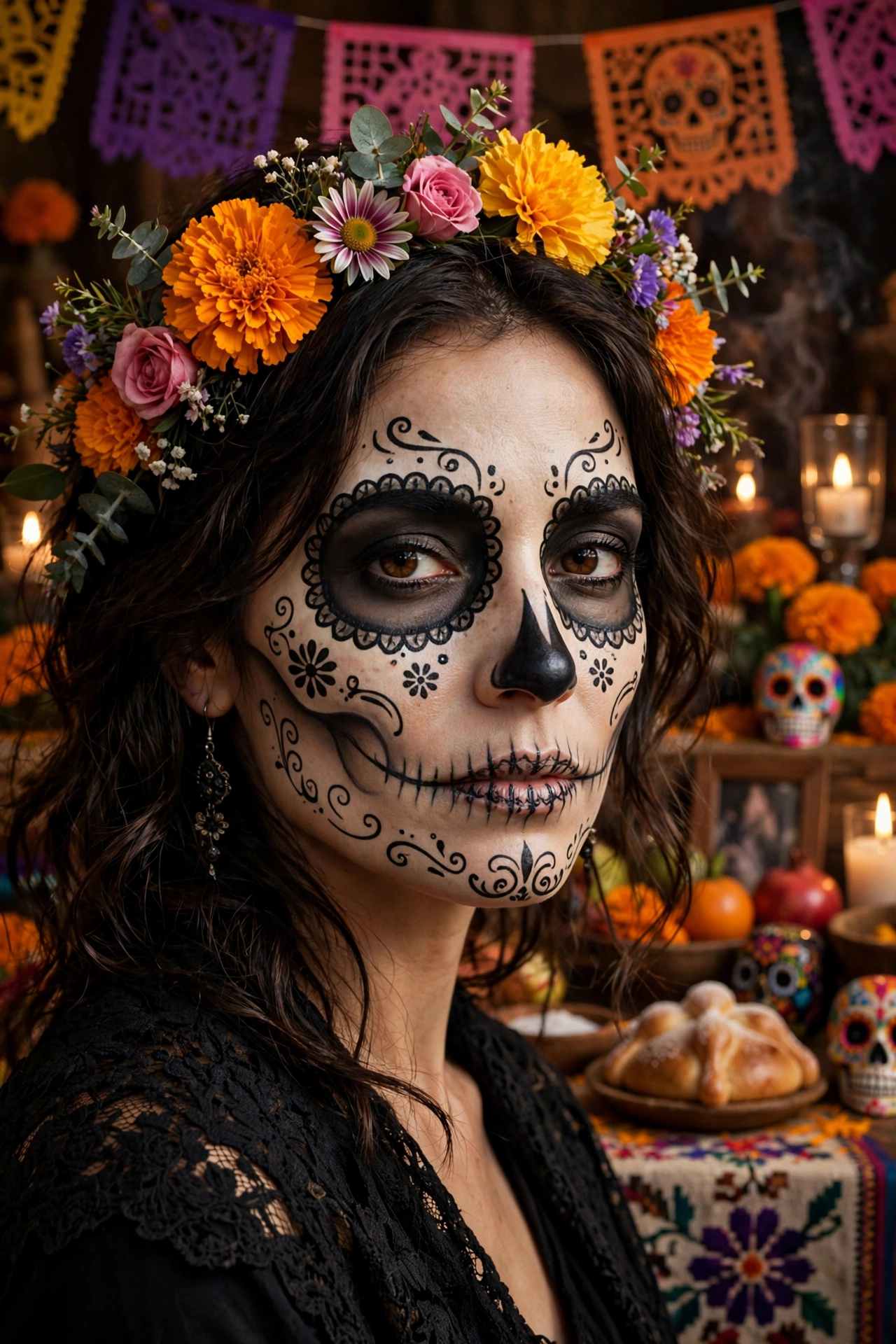 La Catrina costume — brunette Halloween costume idea