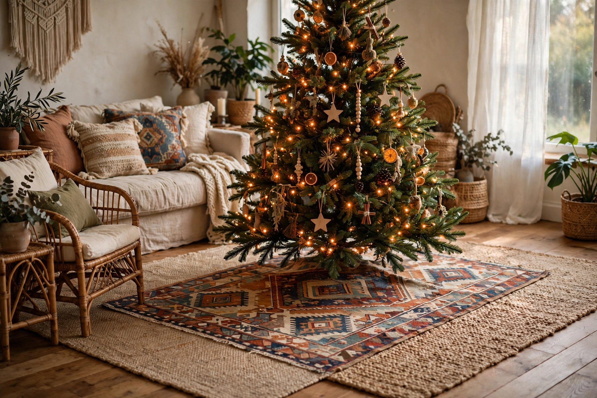A Christmas tree standing on layered vintage kilim and jute rugs