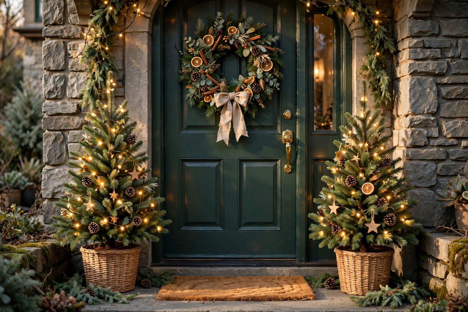 Mini Christmas trees flanking the door — Christmas door idea