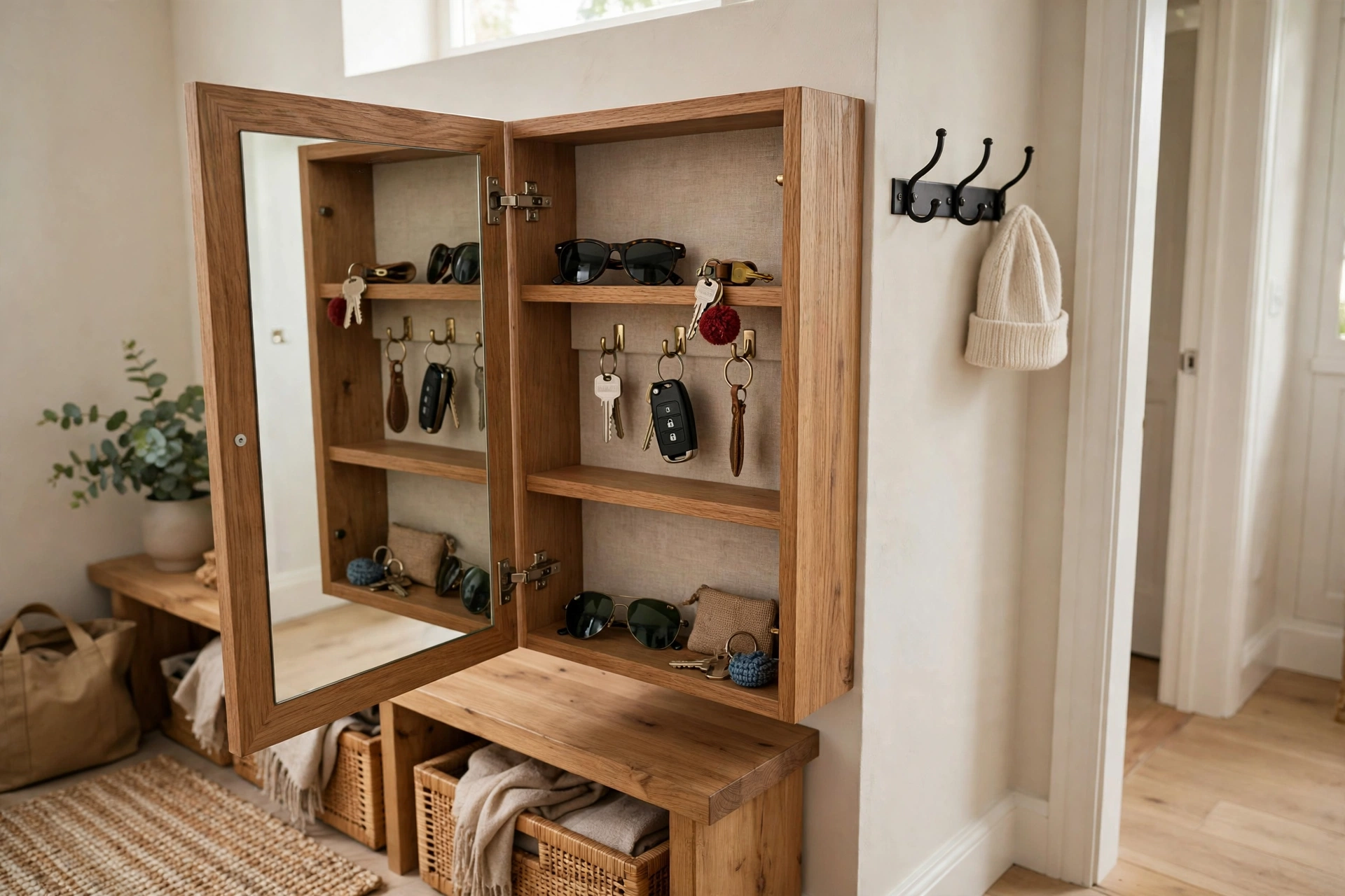 Mirror cabinet with hidden compartments — drop zone idea
