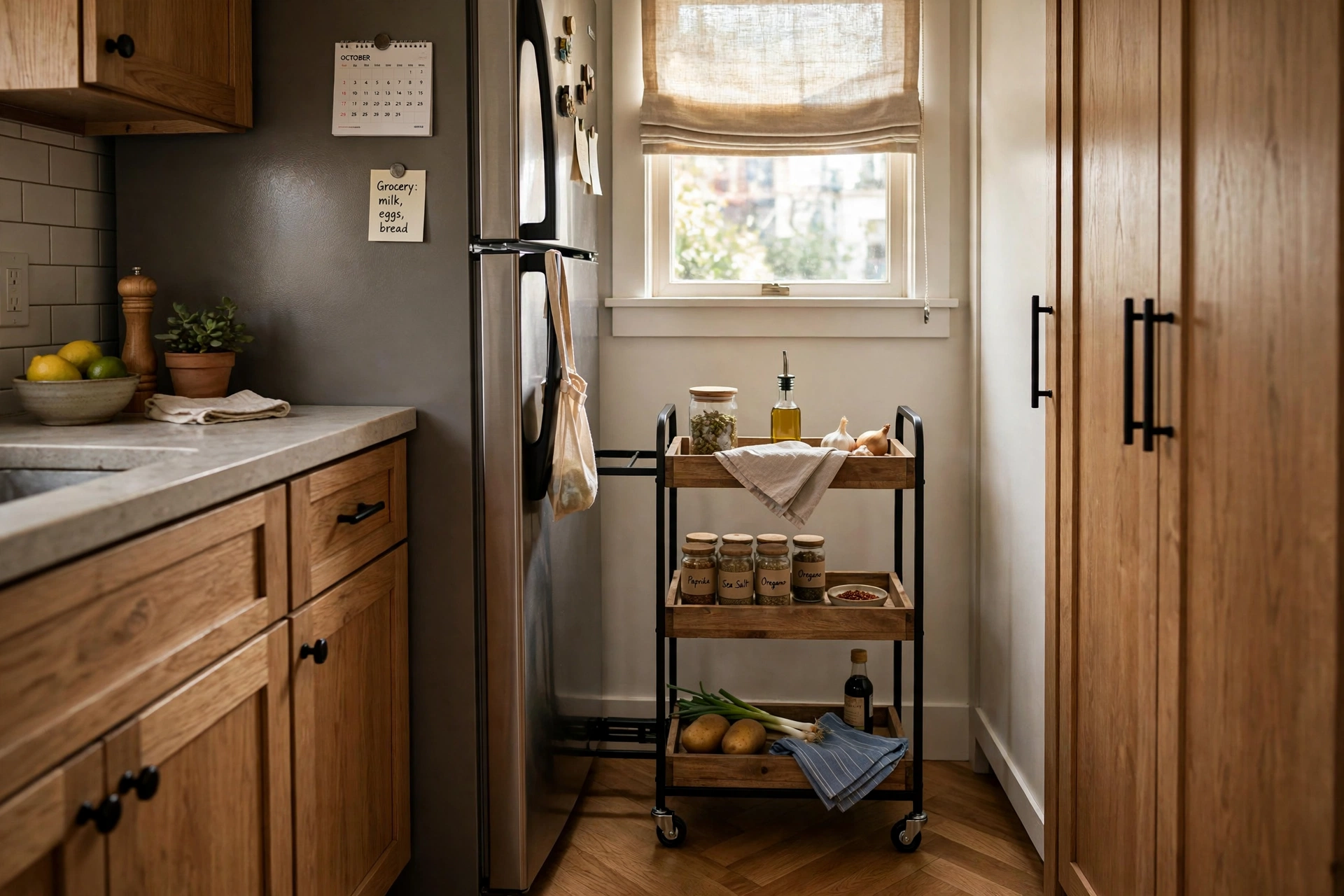 Narrow rolling storage cart pulled out beside a fridge in a compact kitchen.