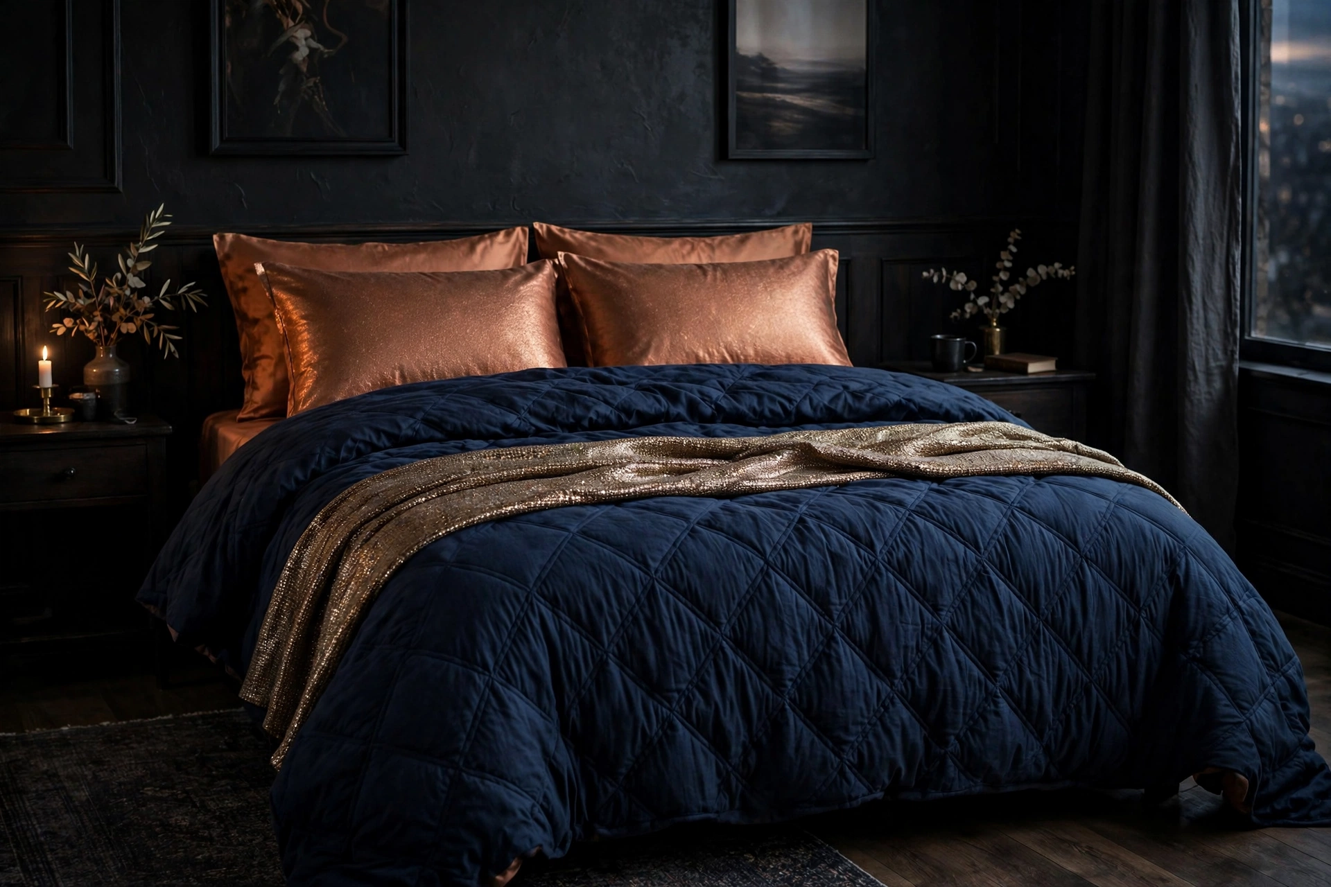 Navy duvet with copper-toned pillowcases and a metallic throw in a moody bedroom.