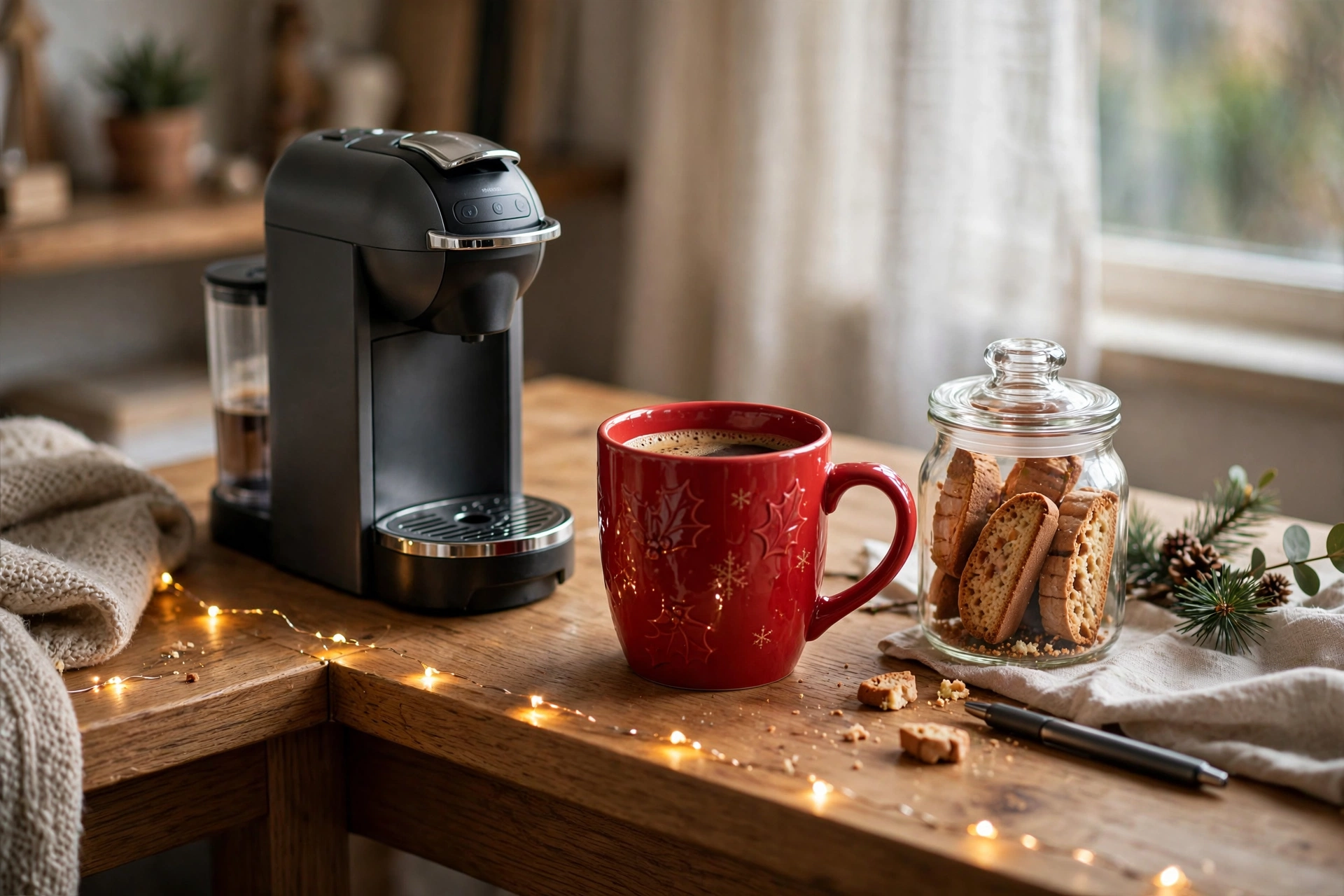 Home office desk corner with single-serve brewer and holiday mug