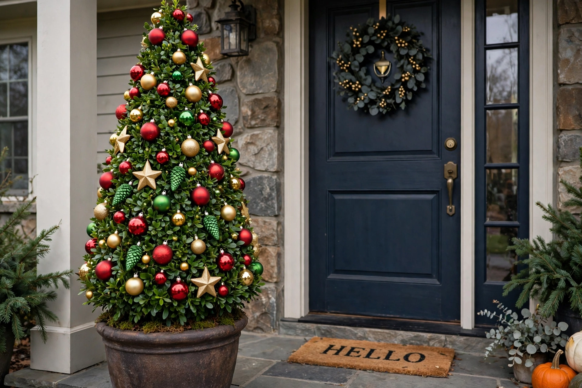 Cone-shaped topiary planter studded with red, gold and green ornaments by a door.