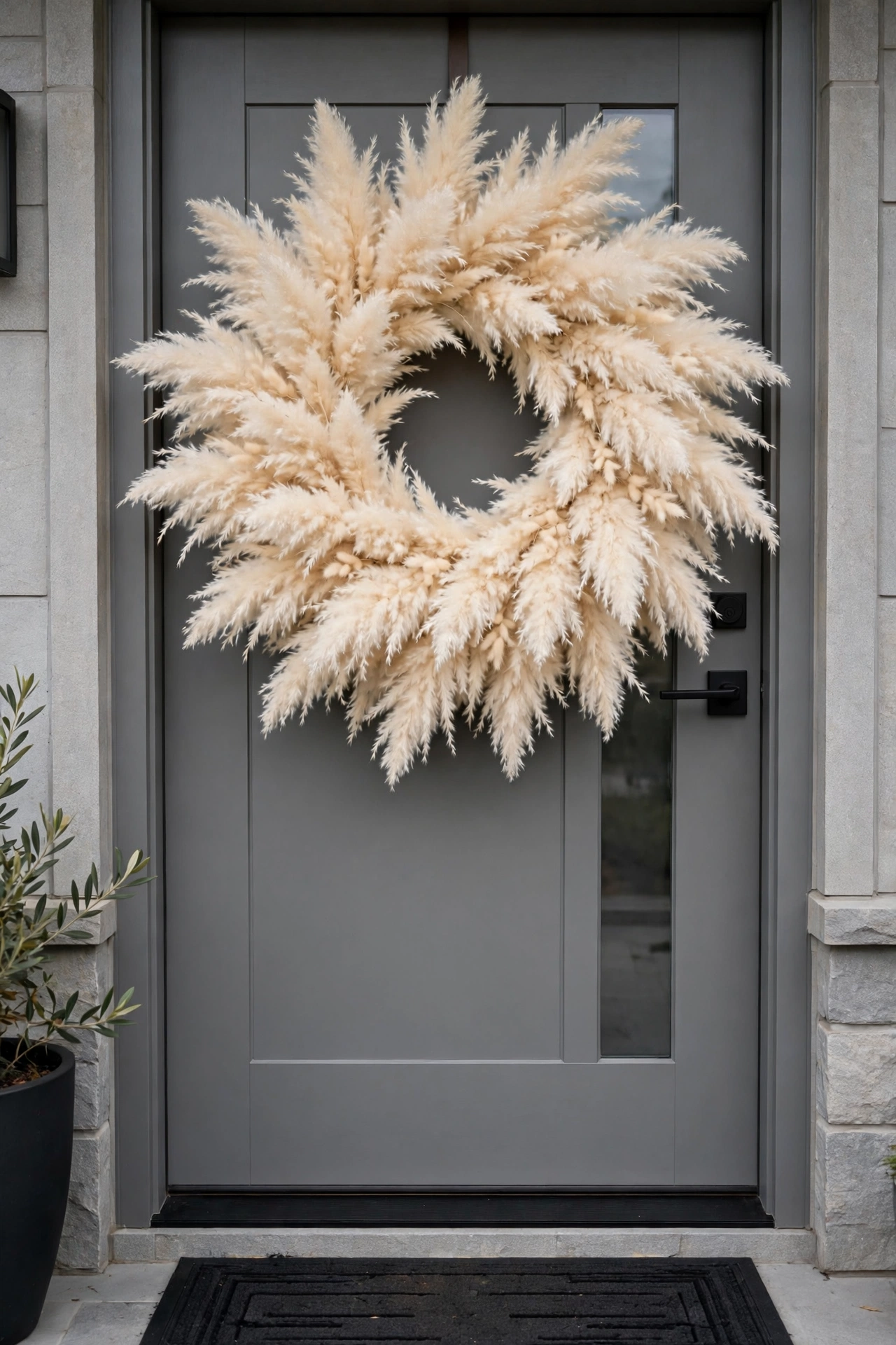 Fluffy pampas grass cloud wreath in creamy beige on a modern gray front door.