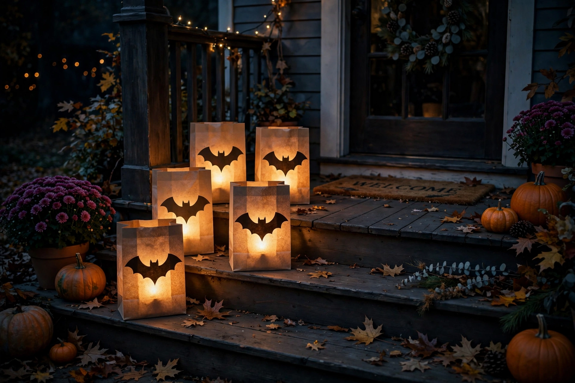 Brown paper-bag luminaries with cut-out bat shapes glowing on porch steps at night.