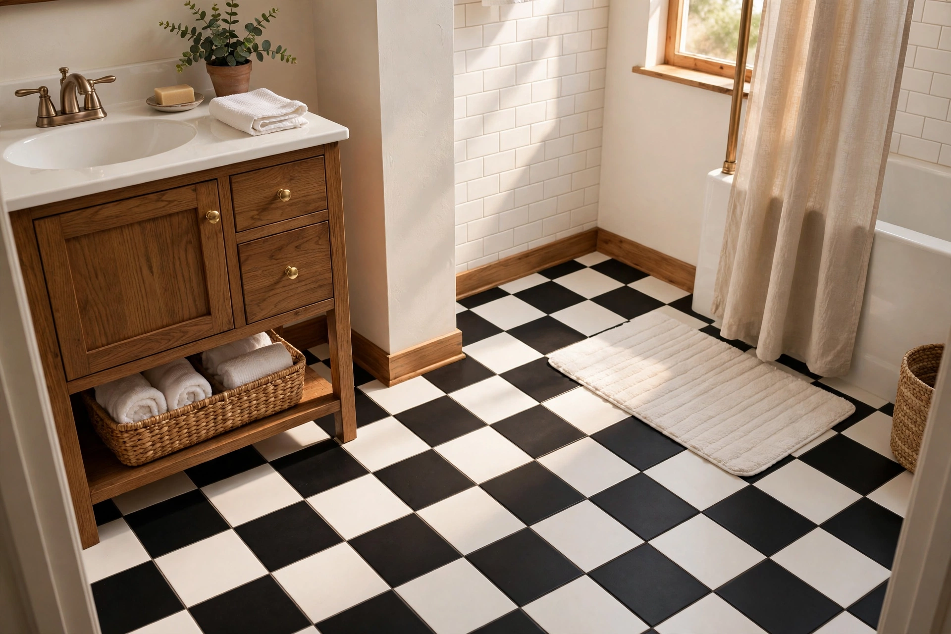 Peel-and-stick floor tiles in a small bathroom — small bathroom decor idea