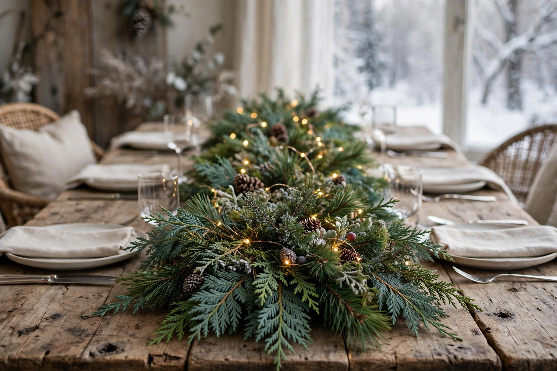 Low pine and cedar garland with fairy lights on a dining table