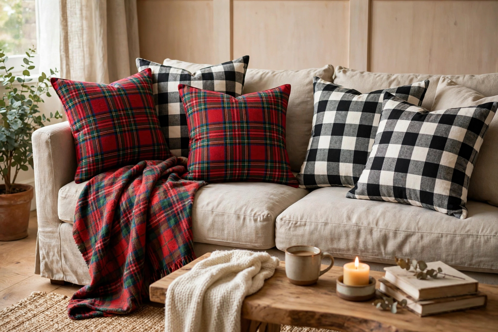 Sofa styled with plaid flannel throw pillows in tartan and buffalo check patterns.