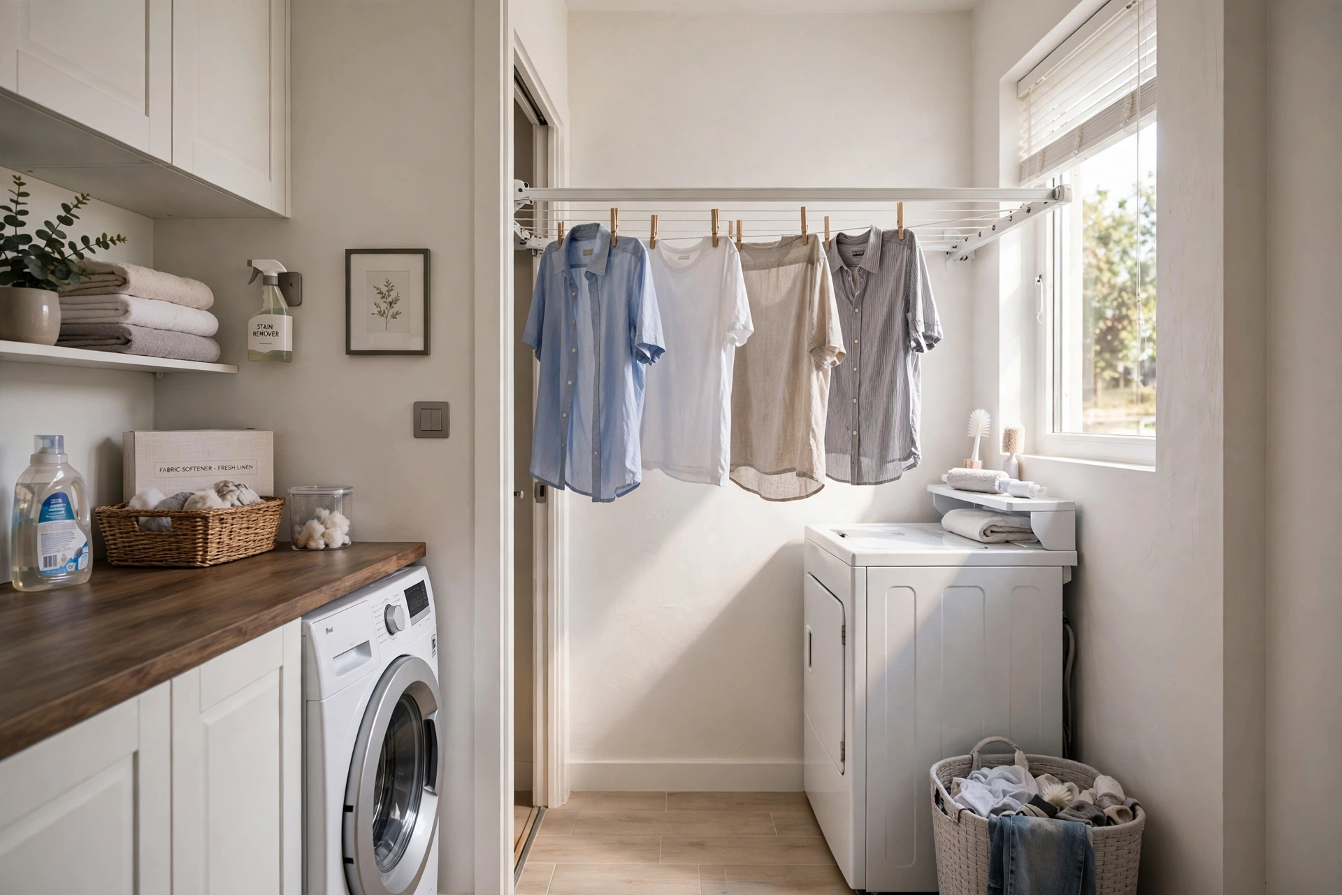 Retractable indoor clothesline — small narrow laundry room idea