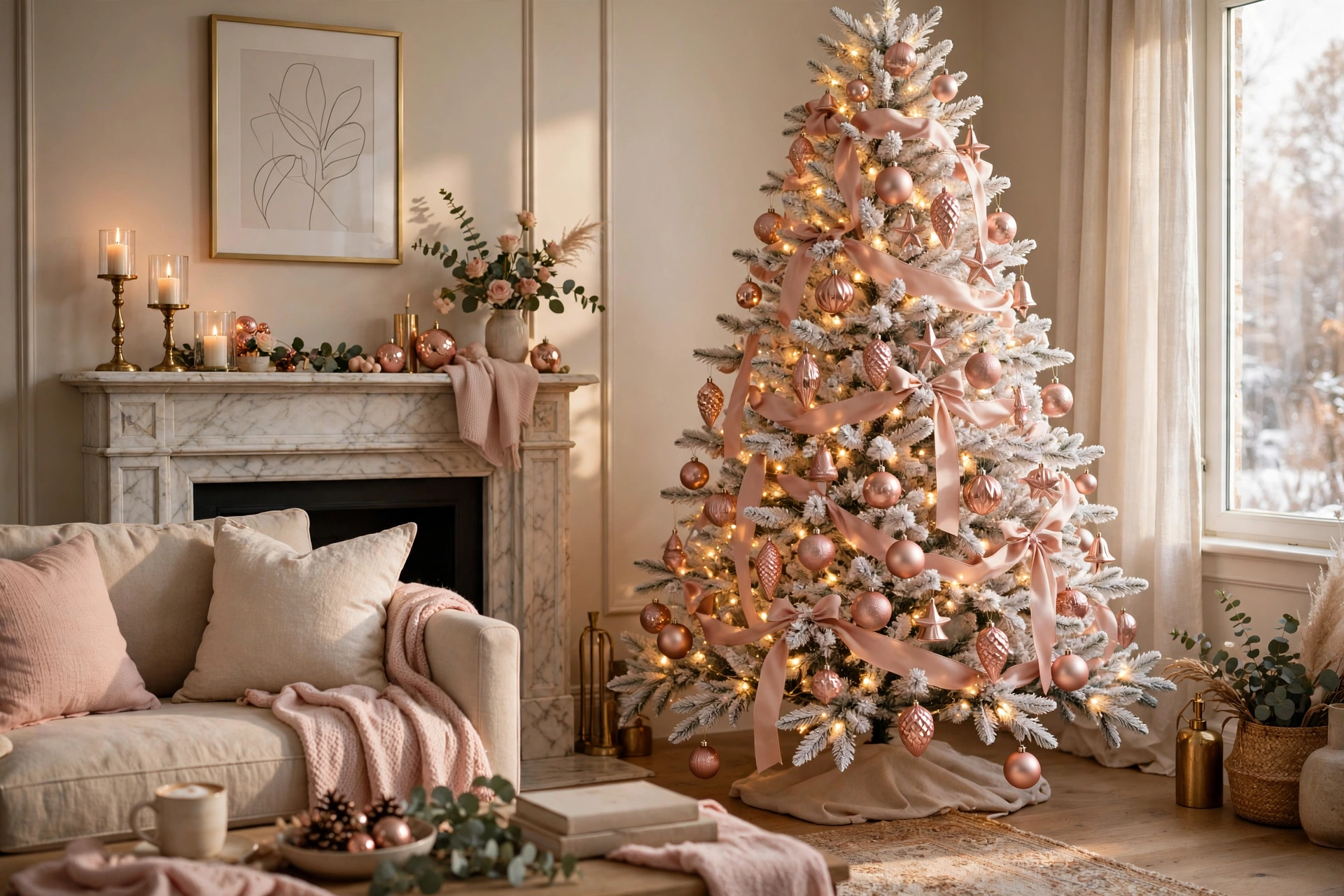 Rose gold shimmer tree — white Christmas tree idea
