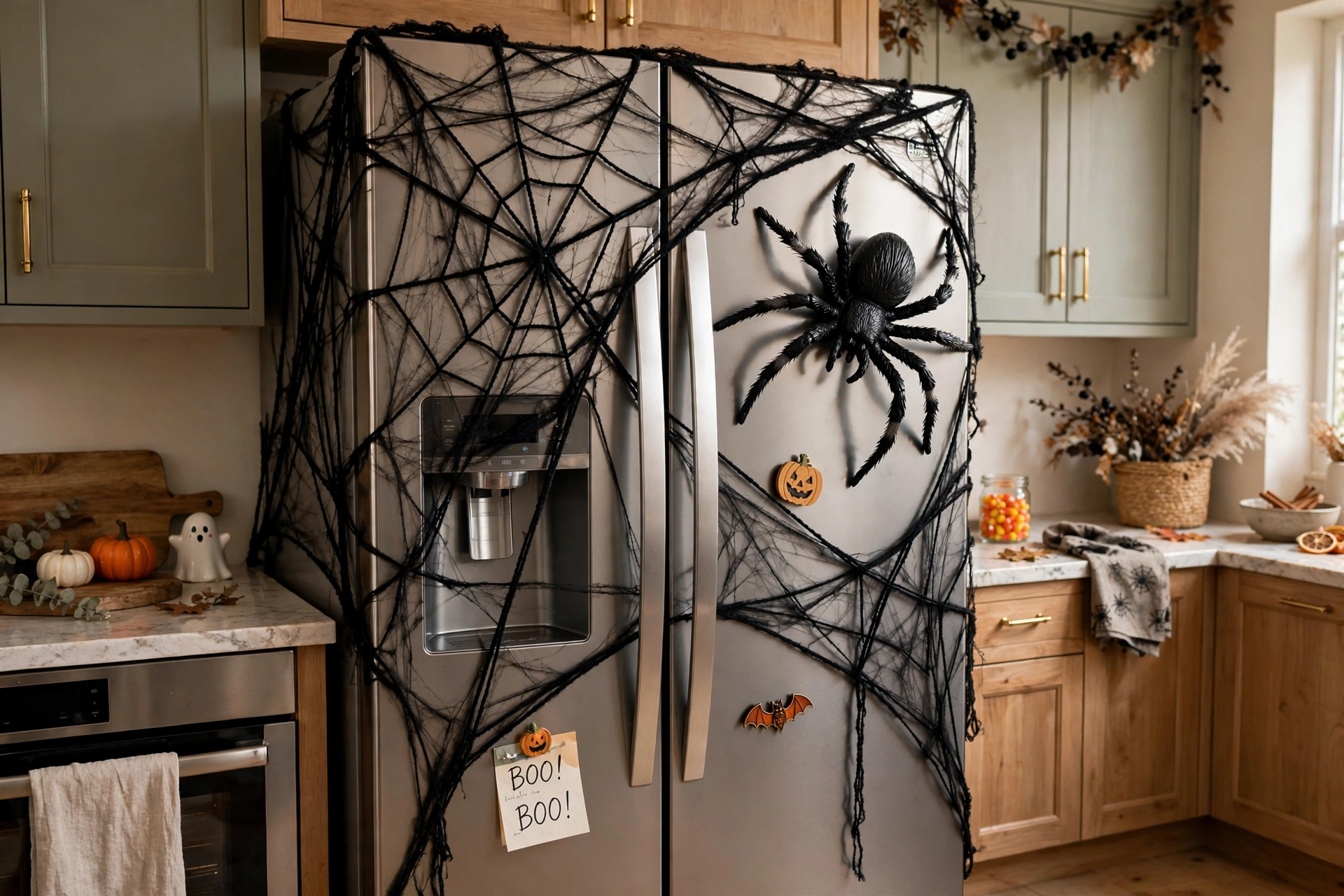 Refrigerator decorated with black yarn spiderweb and large plastic spider magnet.