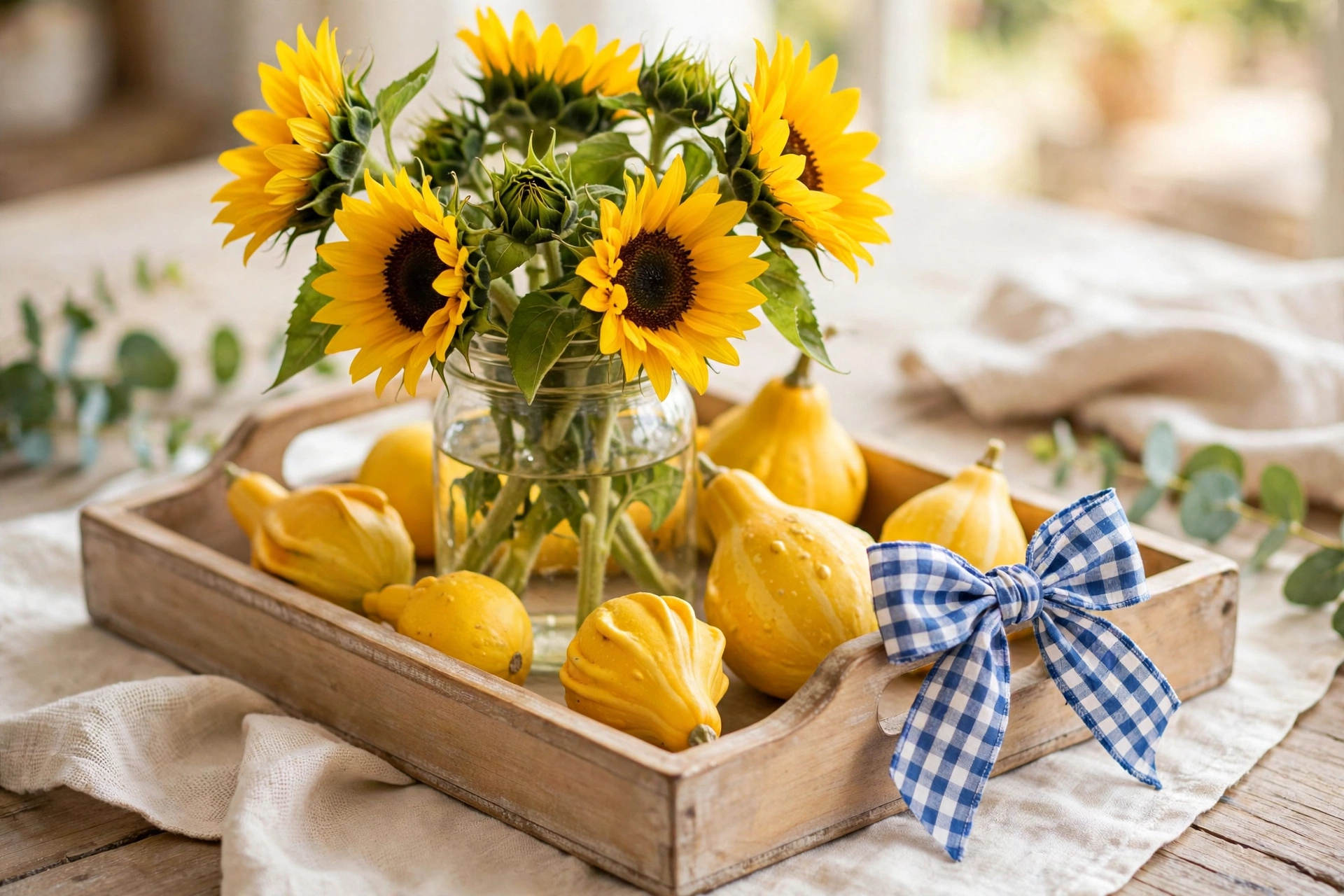 Bright tray with a jar of sunflowers, yellow gourds, and a gingham bow on the handle.