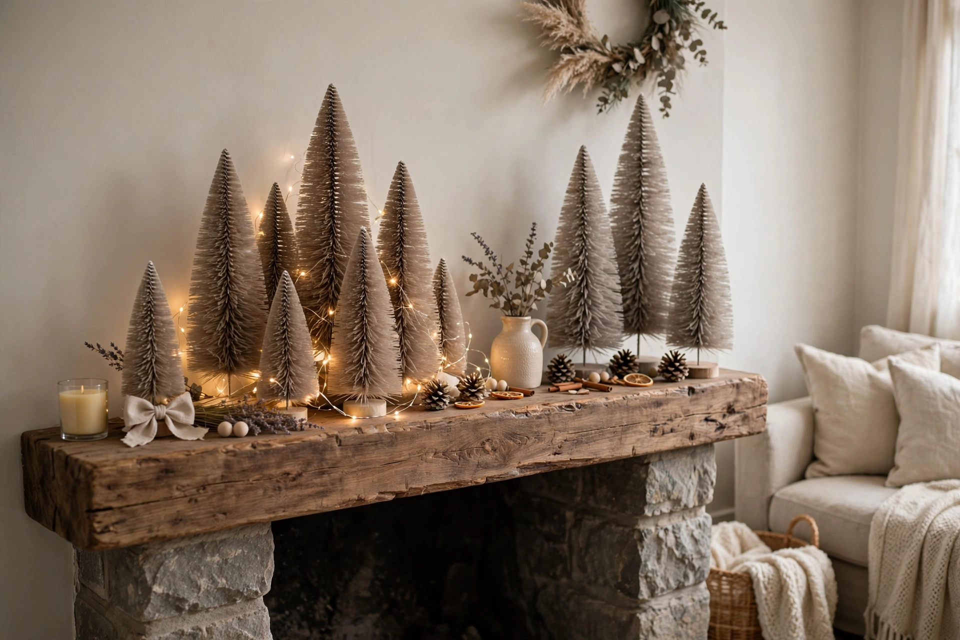 Taupe bottle brush trees in various heights grouped on a wooden mantel with fairy lights.