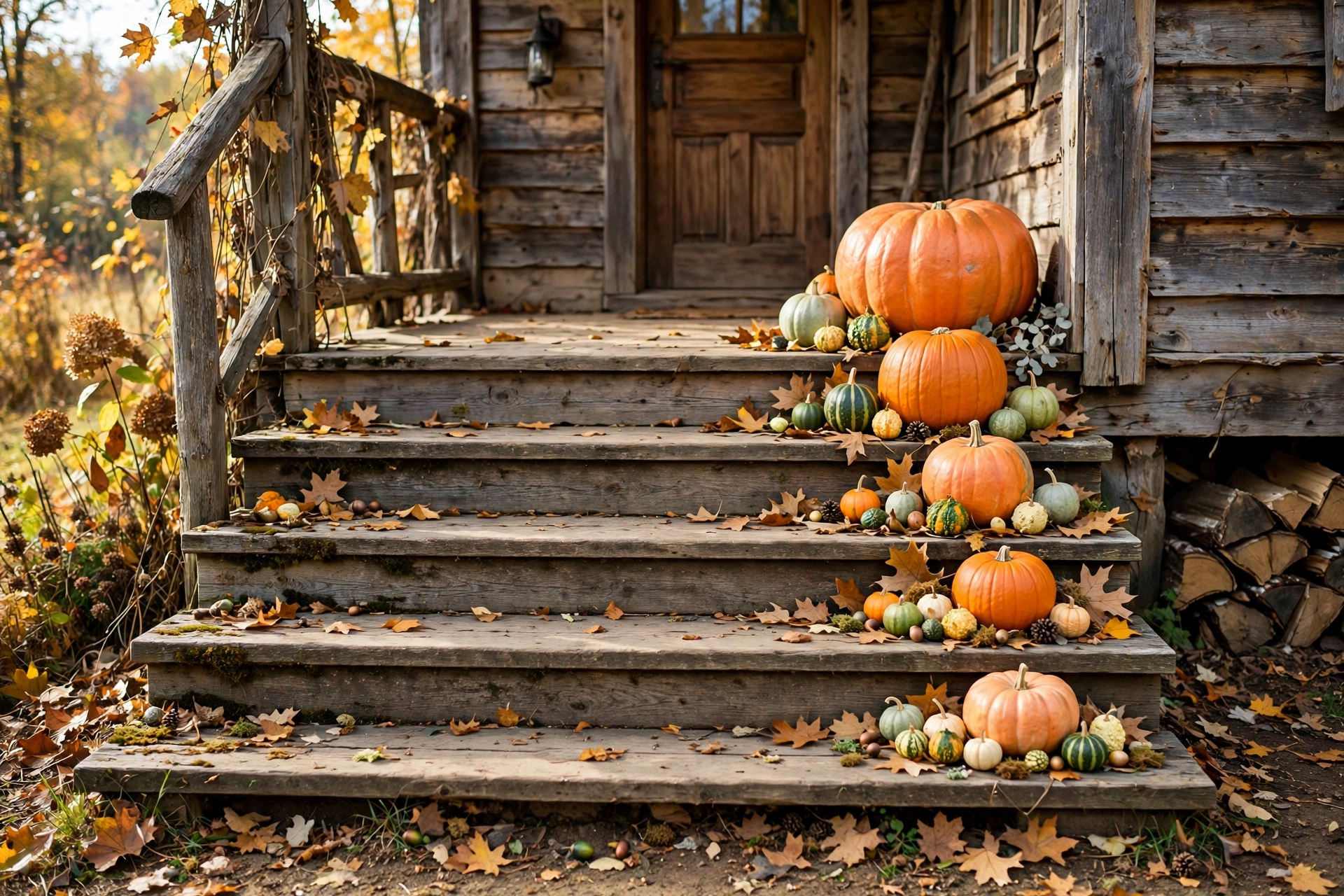 Porch steps lined with pumpkins in descending sizes with small gourds.
