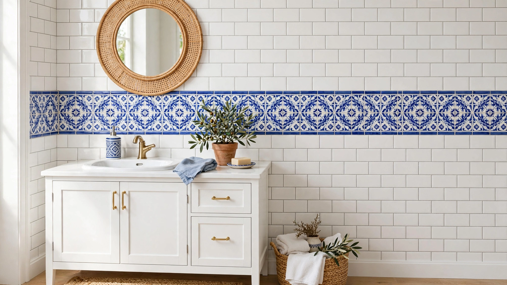 Bathroom wall with a horizontal strip of blue and white patterned mosaic tile at eye level