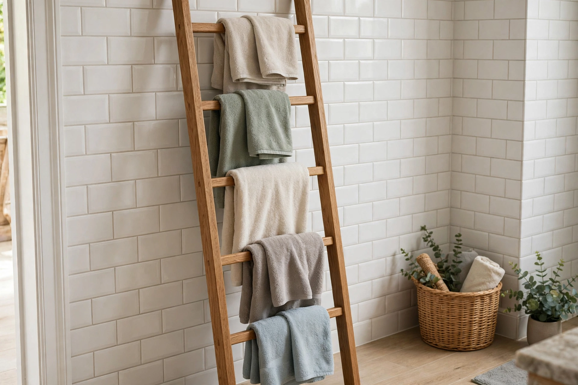 A wooden ladder-style towel rack leaning against a bathroom wall with folded towels draped over the rungs, realistic photo, no text