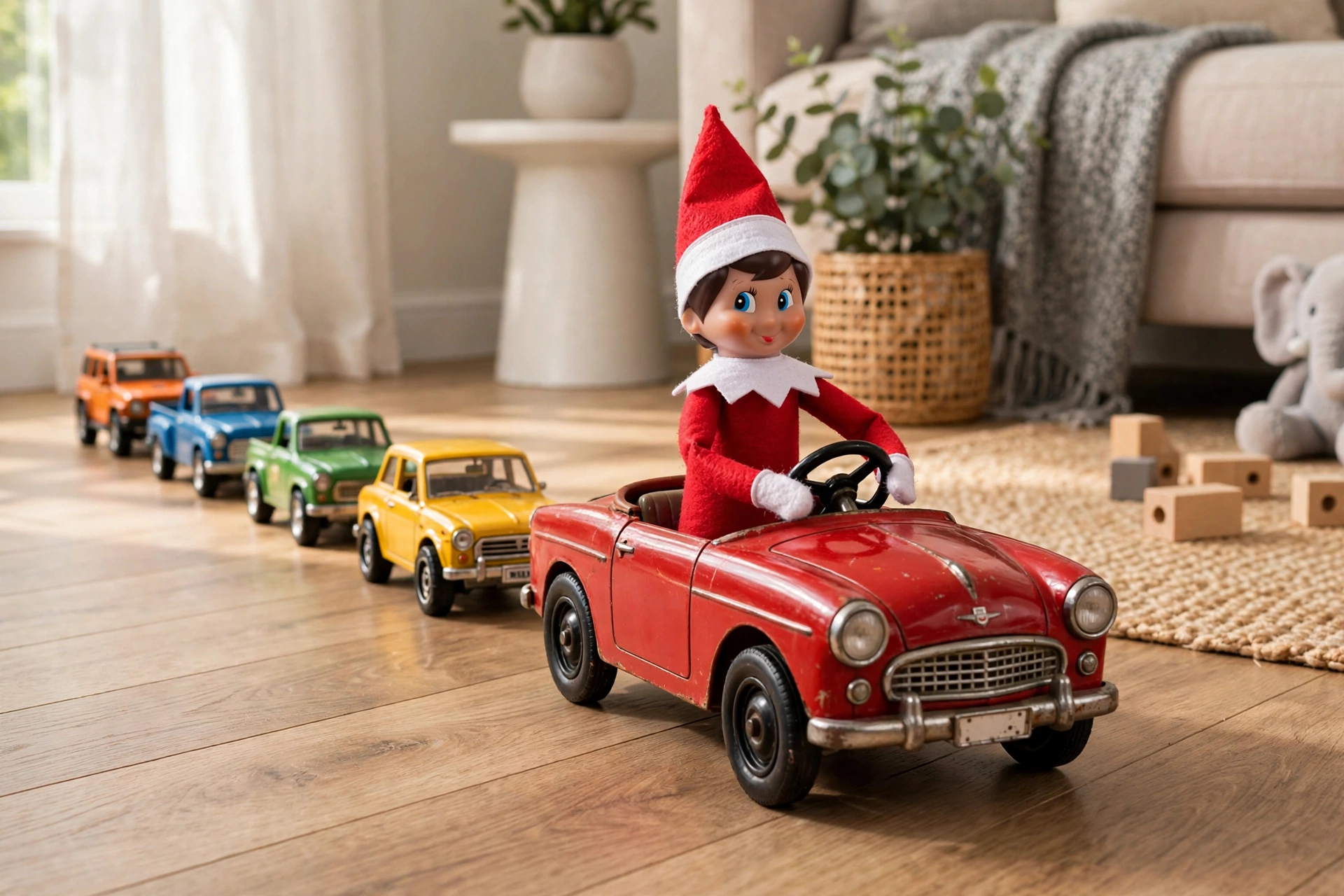 Toy car road trip elf arrival — elf on the shelf arrival idea