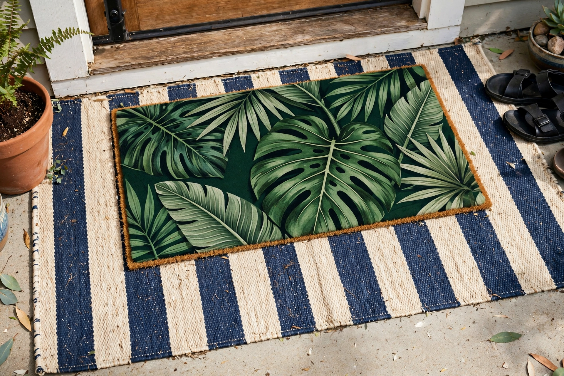 Doormat with oversized tropical leaf print layered over a striped outdoor rug.