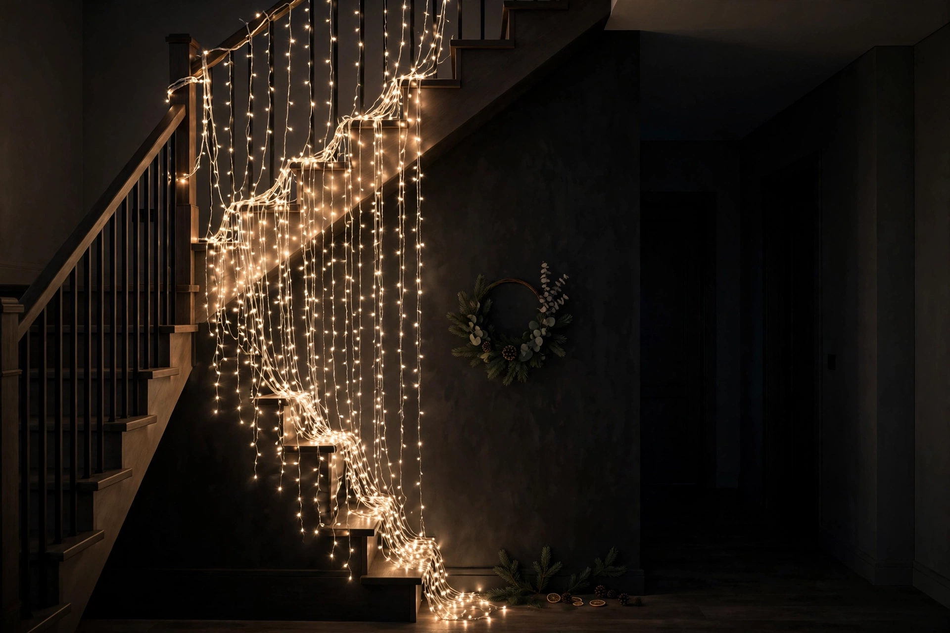 Cascading warm white string lights flowing down a staircase like a glowing waterfall.