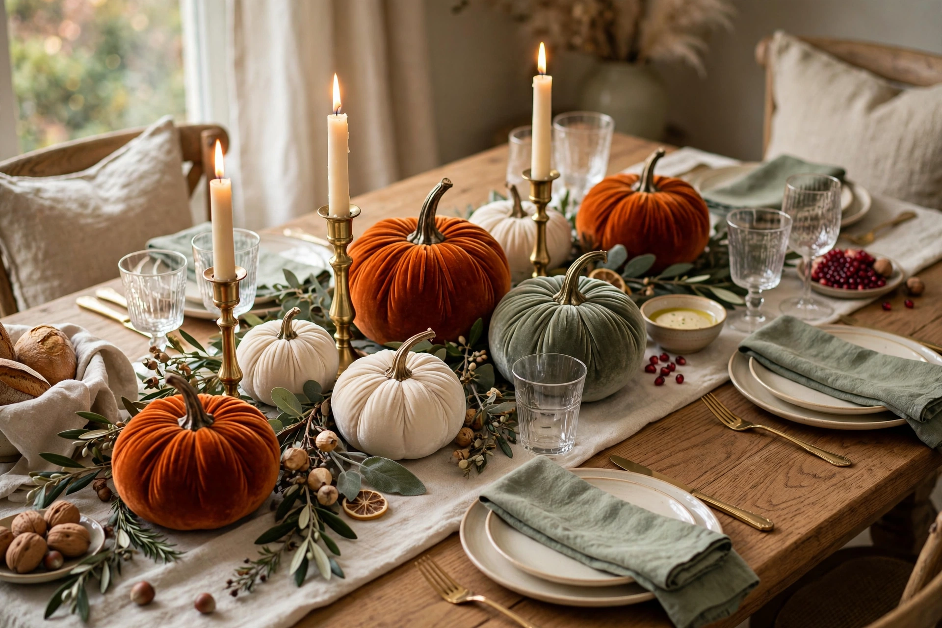 Velvet pumpkin elegance — Thanksgiving centerpiece idea