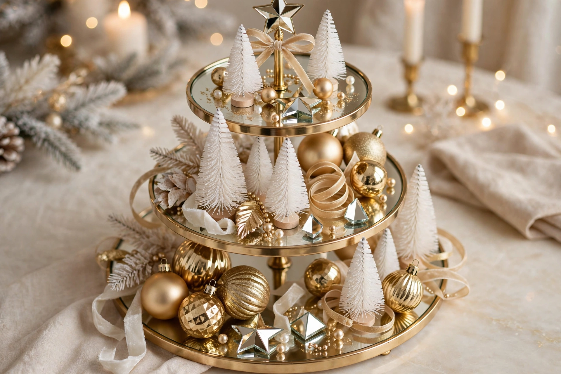 White and gold glam tray — Christmas tiered tray idea