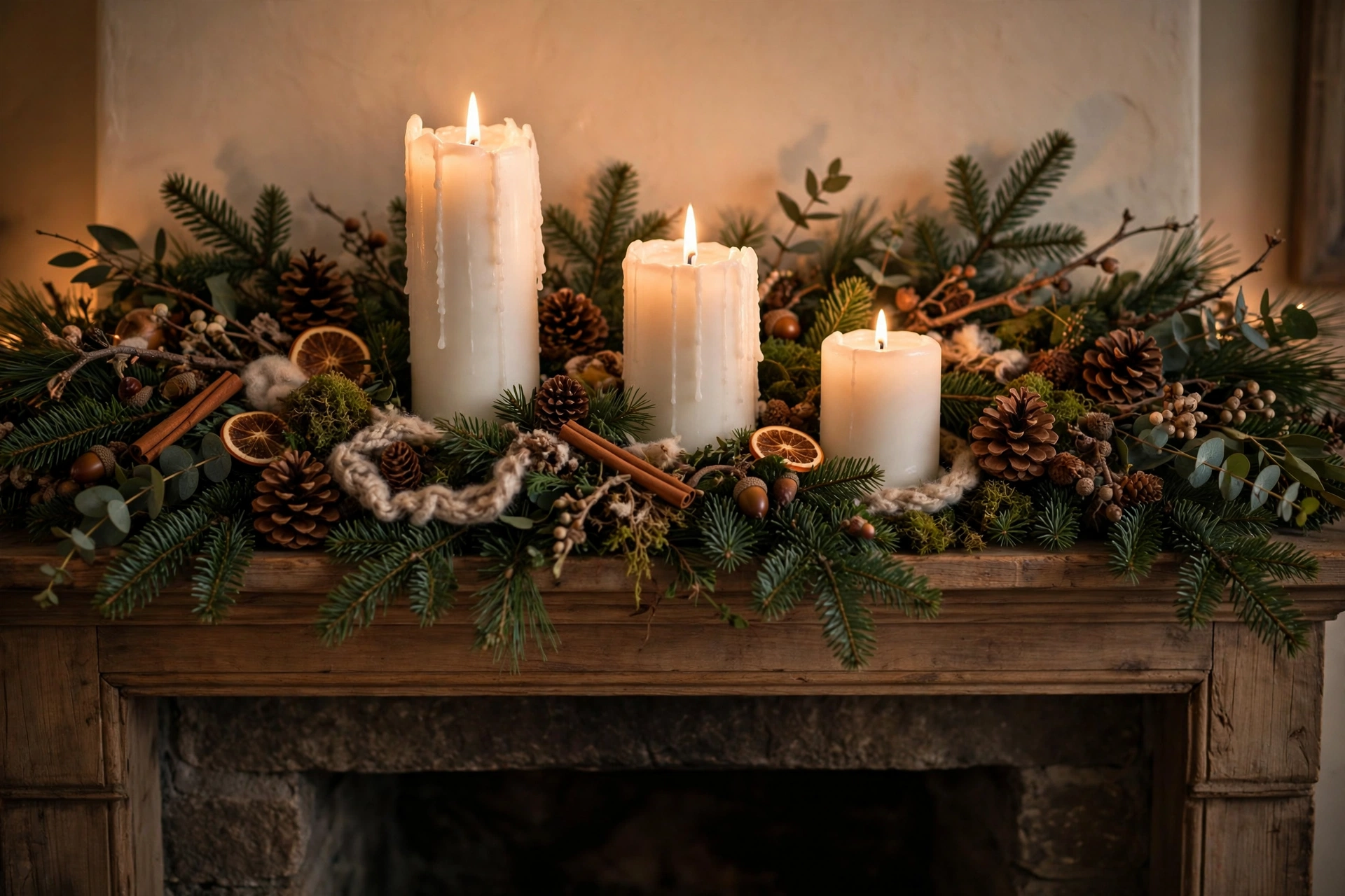 White pillar candles of different heights nestled in fresh fir branches on a mantel.