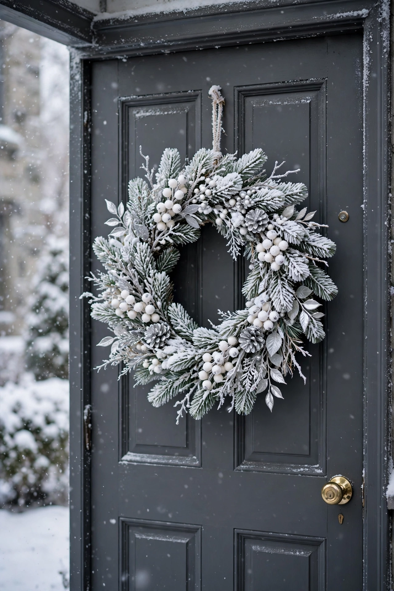Elegant white winter wreath with frosted berries, snowy pine, and silver accents on a charcoal apartment door.