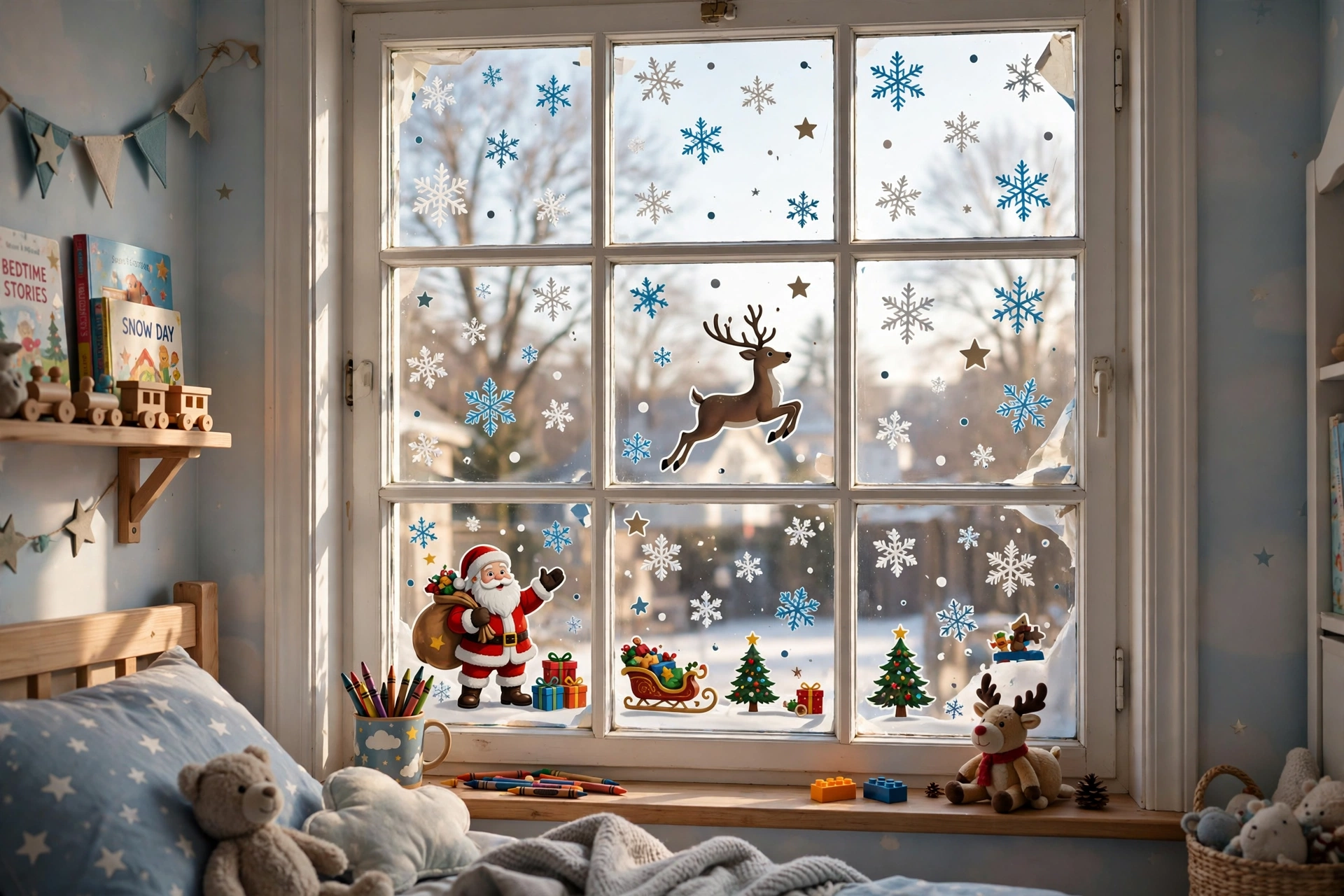Winter window decals — Christmas bedroom idea for kids