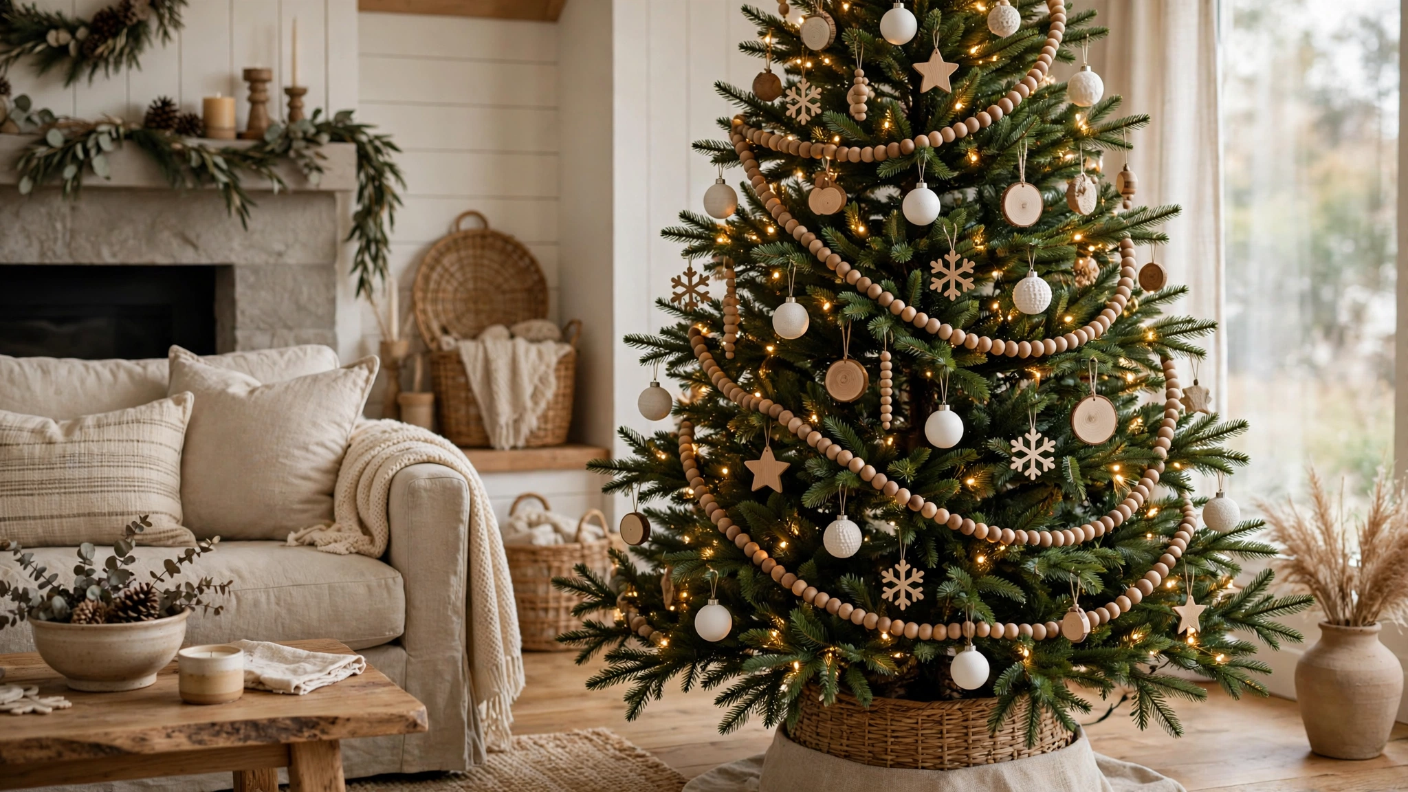 Christmas tree wrapped in natural wood bead garland with simple neutral ornaments