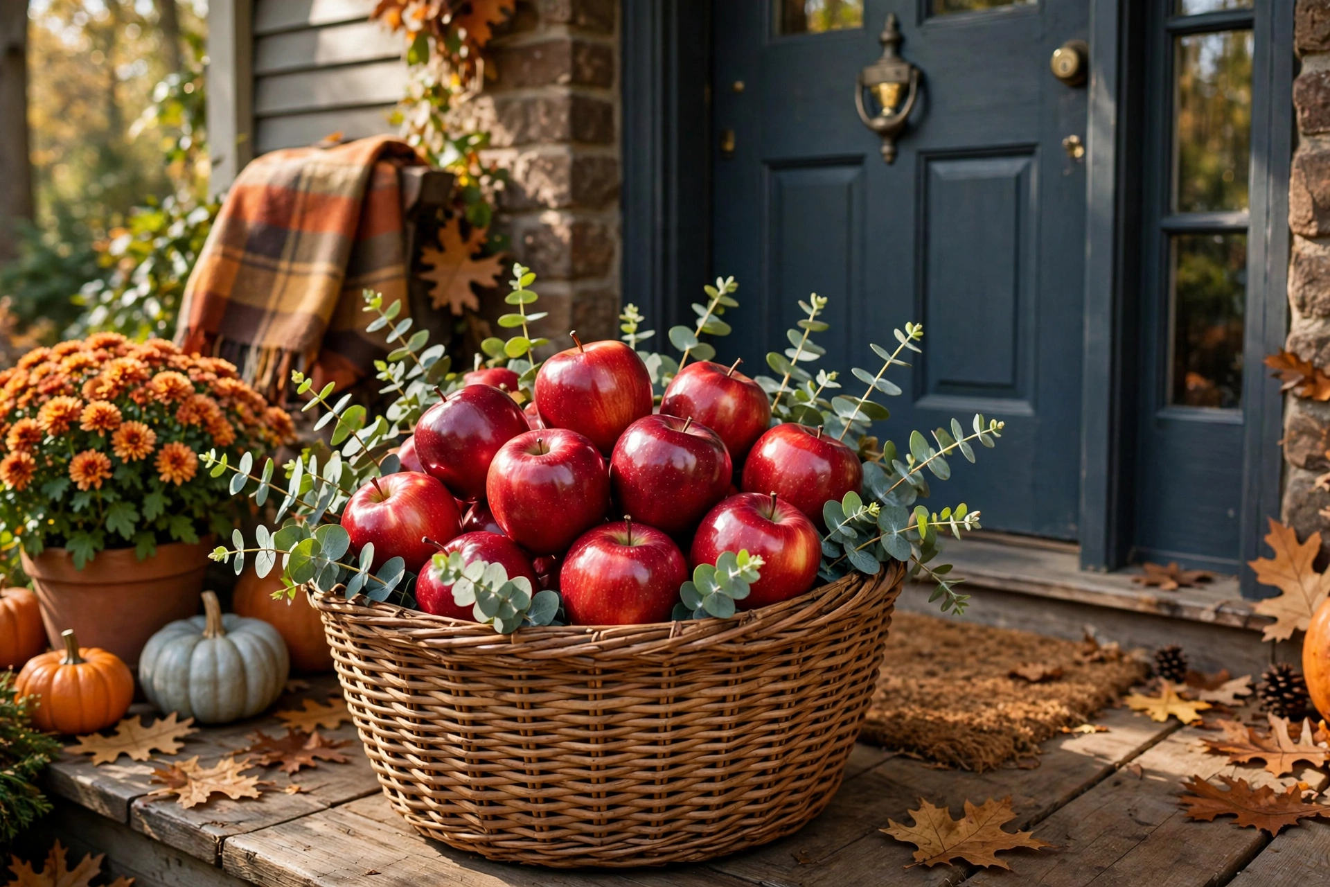 Bushel basket filled with red apples and eucalyptus by a front door.