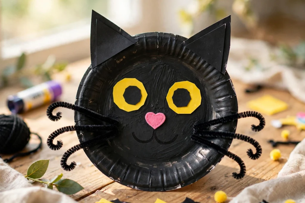 Black cat paper plate craft — Halloween craft for children